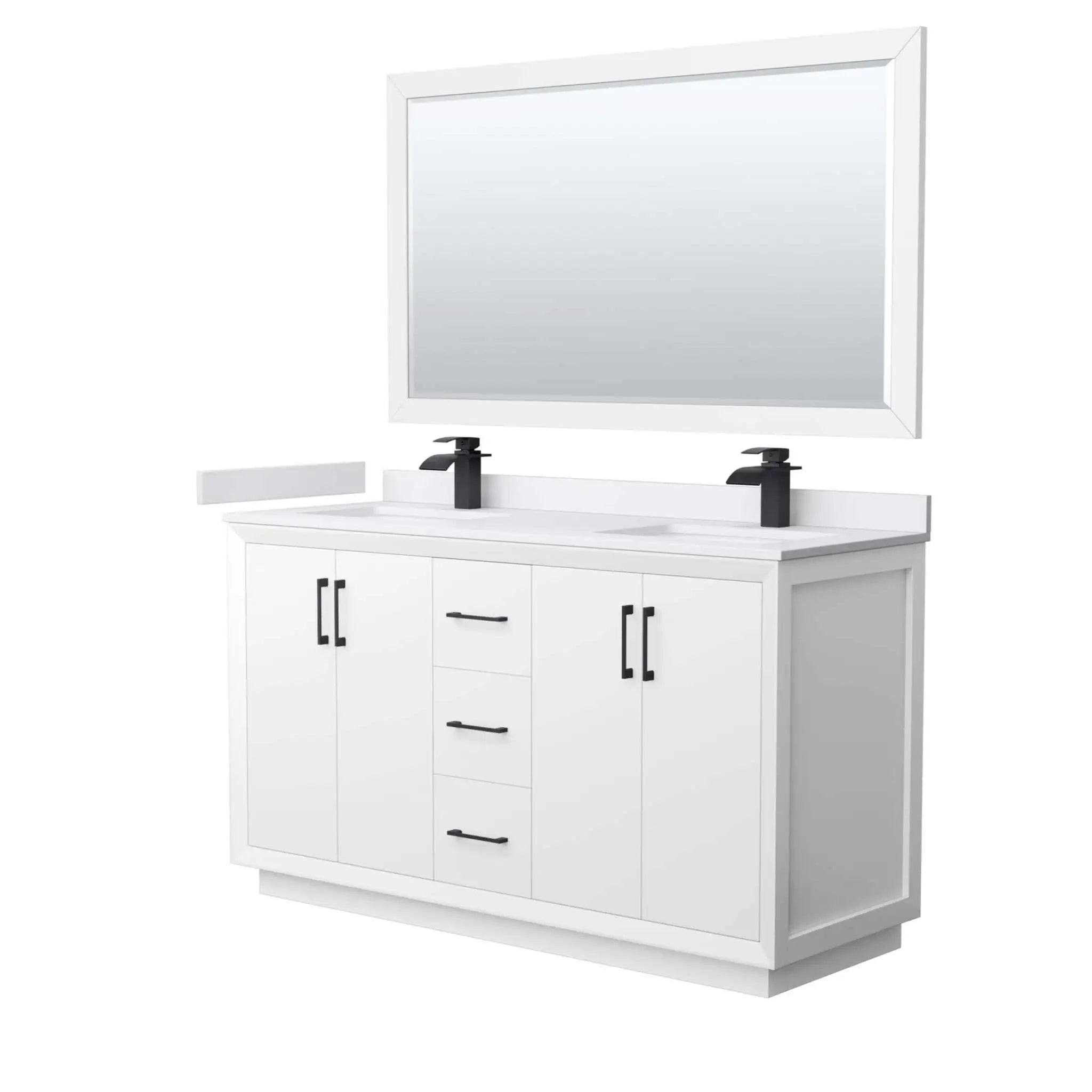 60" Strada Double Bathroom Vanity in White with Matte Black Trim & 58" Mirror by Wyndham