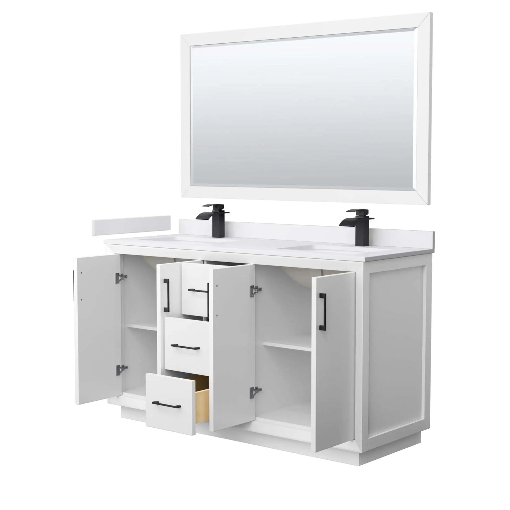 60" Strada Double Bathroom Vanity in White with Matte Black Trim & 58" Mirror by Wyndham