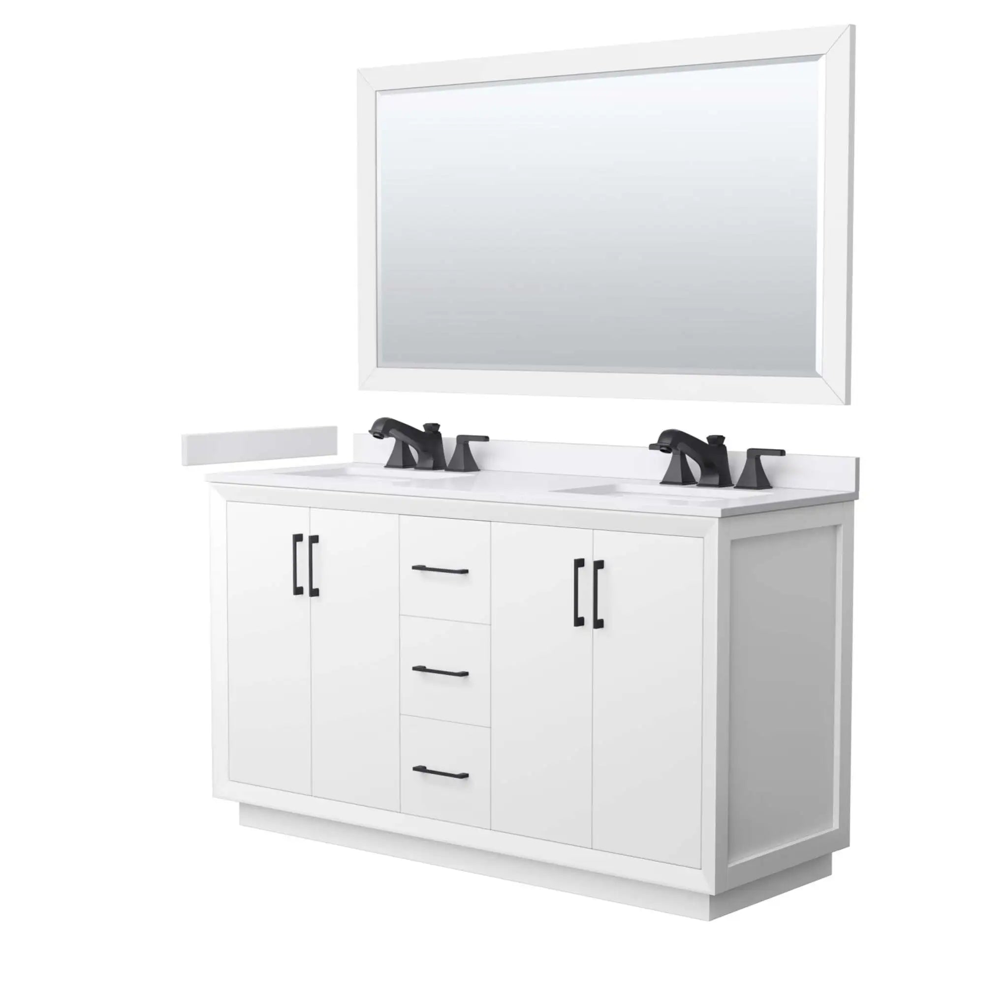 60" Strada Double Bathroom Vanity in White with Matte Black Trim & 58" Mirror by Wyndham