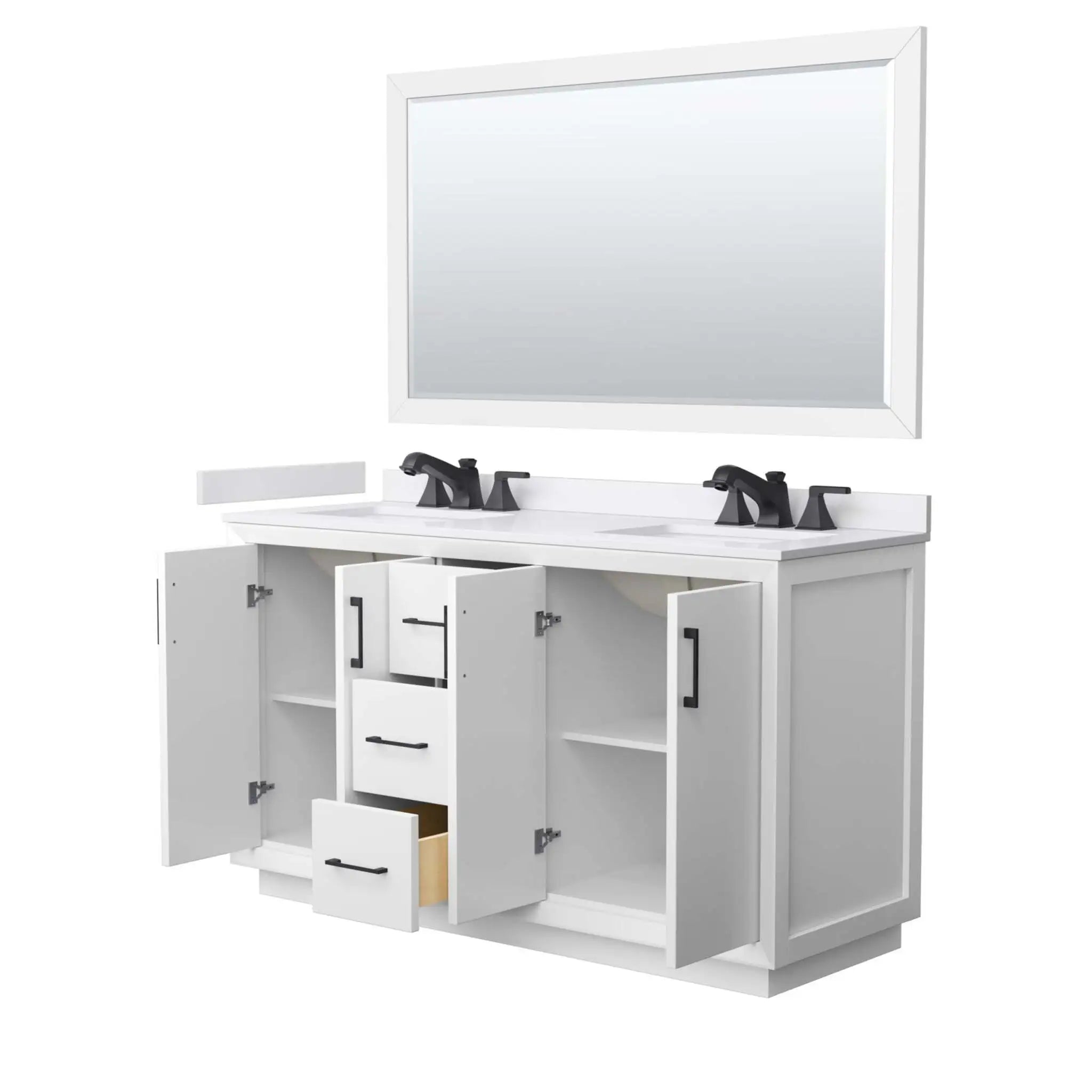60" Strada Double Bathroom Vanity in White with Matte Black Trim & 58" Mirror by Wyndham