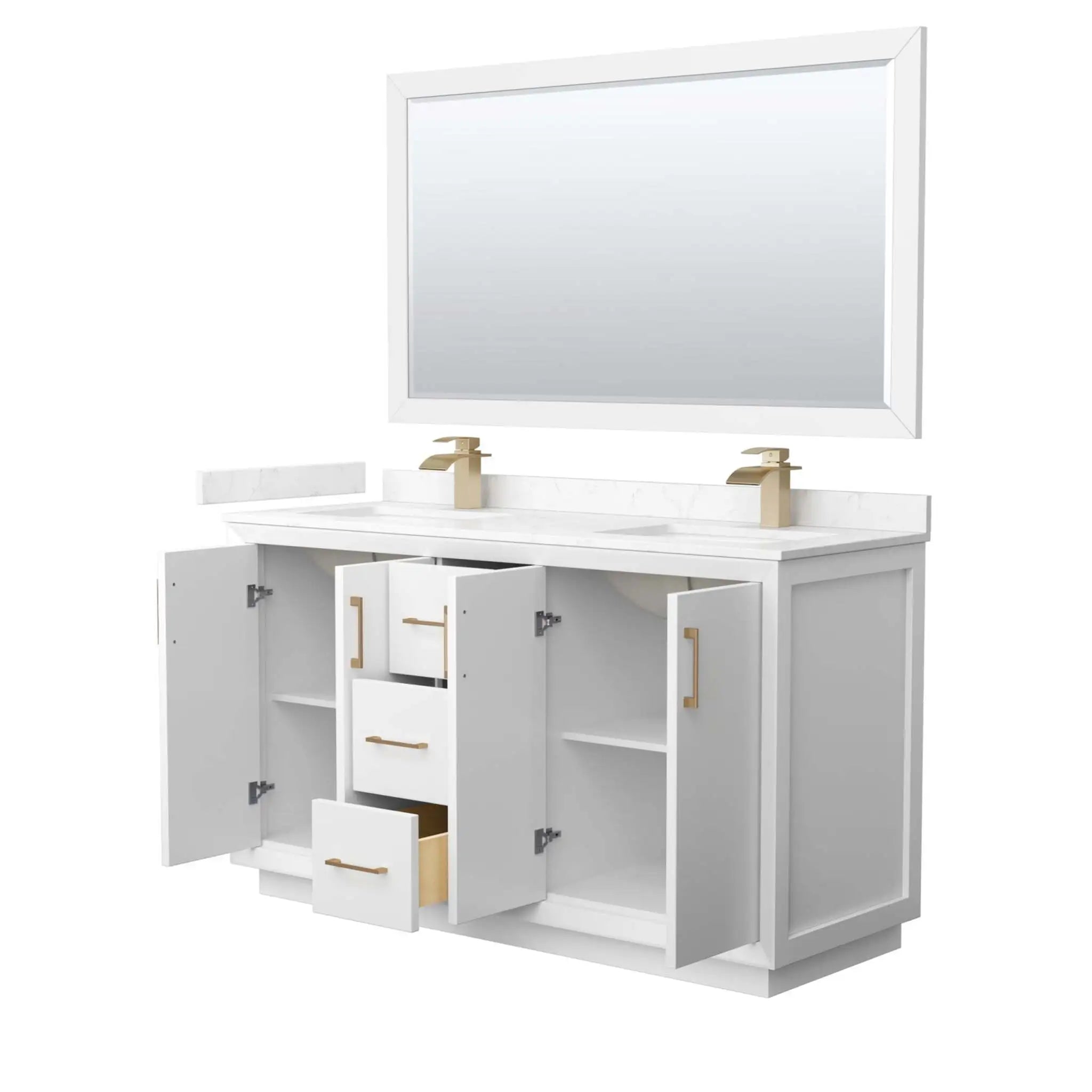 60" Strada Double Bathroom Vanity in White with Satin Bronze Trim & 58" Mirror by Wyndham
