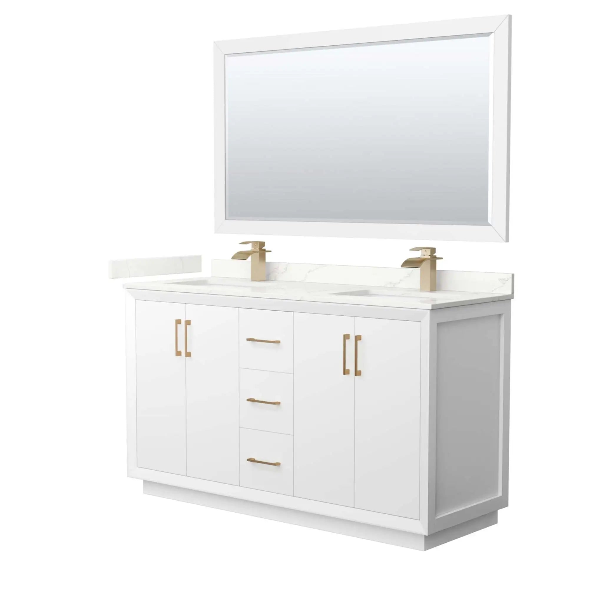 60" Strada Double Bathroom Vanity in White with Satin Bronze Trim & 58" Mirror by Wyndham
