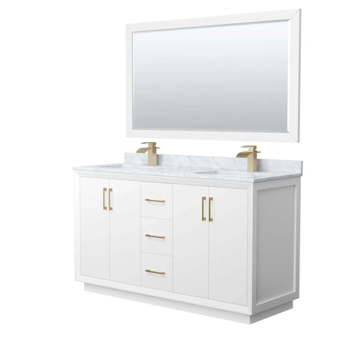 60" Strada Double Bathroom Vanity in White with Satin Bronze Trim & 58" Mirror by Wyndham