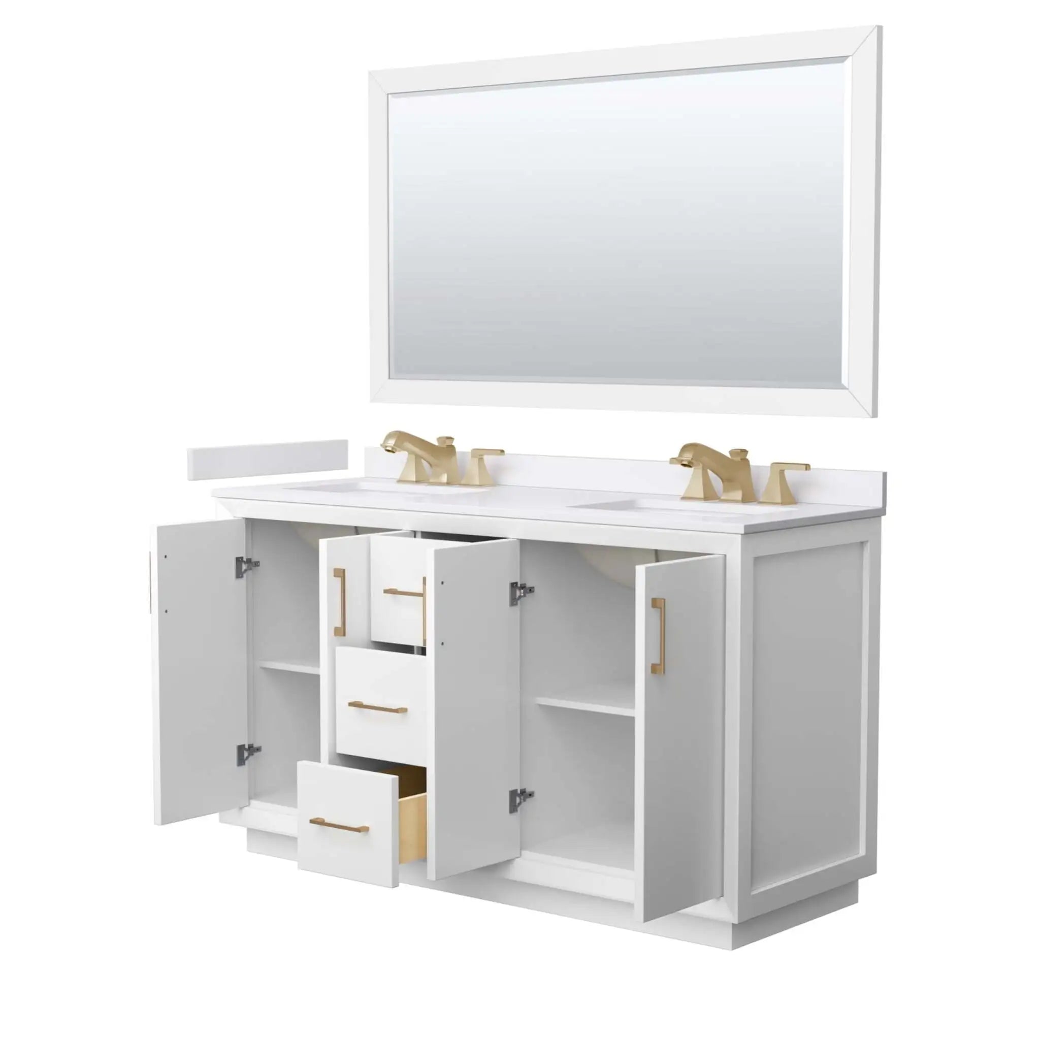 60" Strada Double Bathroom Vanity in White with Satin Bronze Trim & 58" Mirror by Wyndham