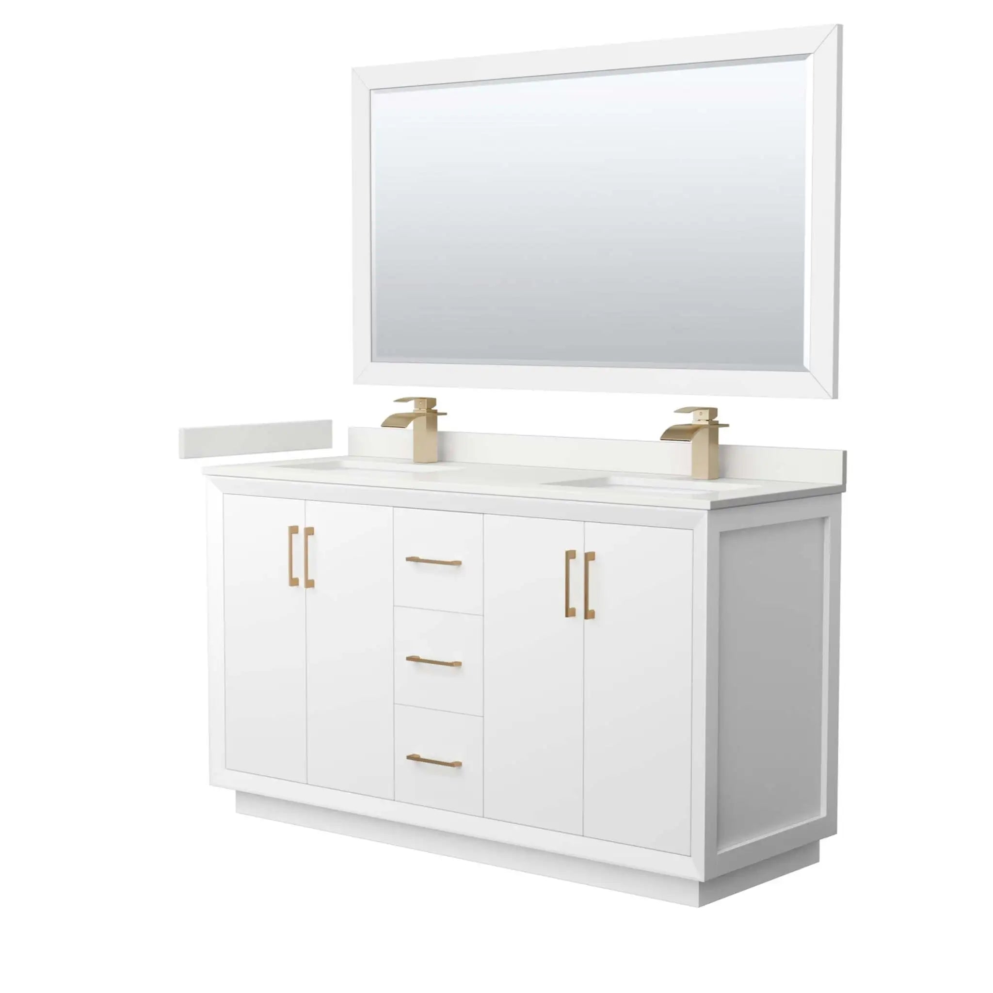 60" Strada Double Bathroom Vanity in White with Satin Bronze Trim & 58" Mirror by Wyndham
