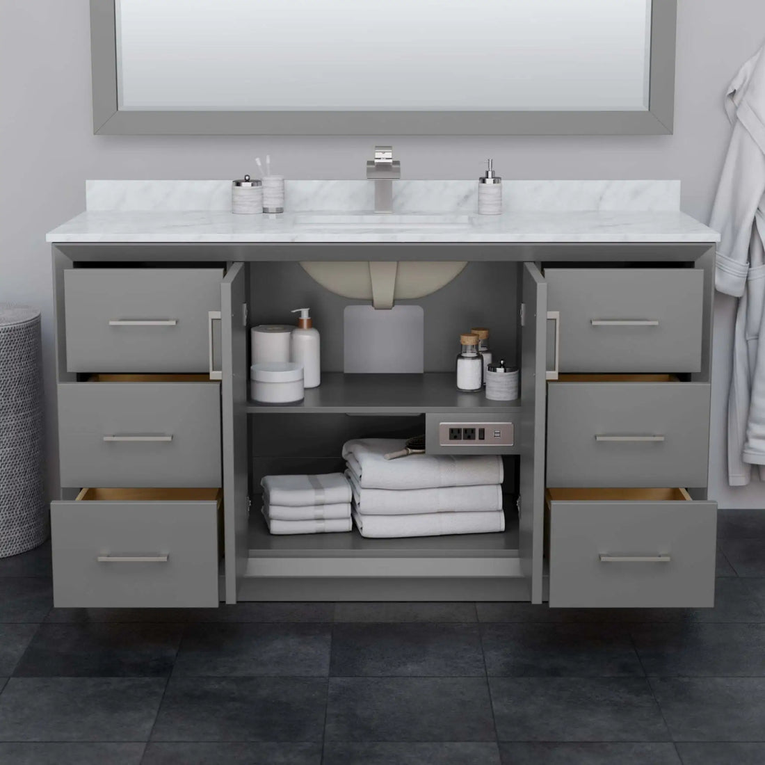 60" Strada Single Bathroom Vanity in Dark Gray with Matte Black Trim & 58" Mirror by Wyndham