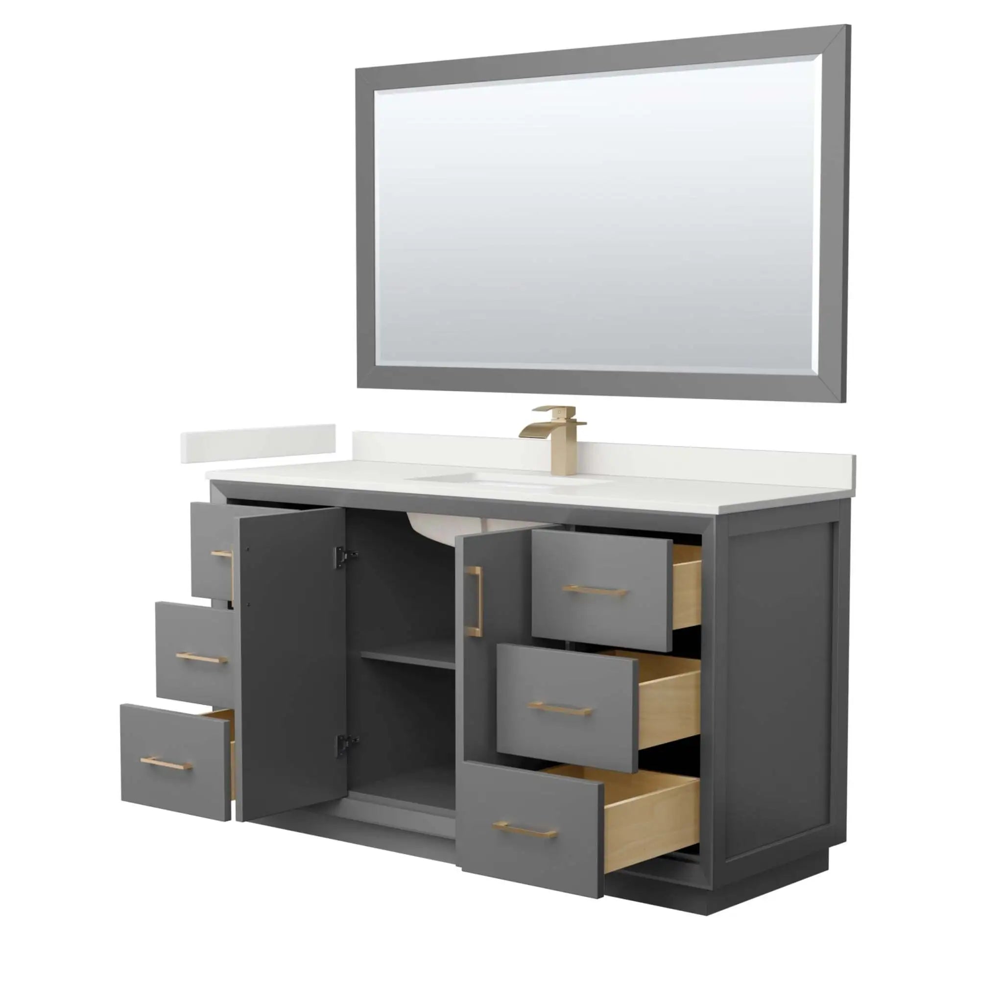 60" Strada Single Bathroom Vanity in Dark Gray with Satin Bronze Trim & 58" Mirror by Wyndham