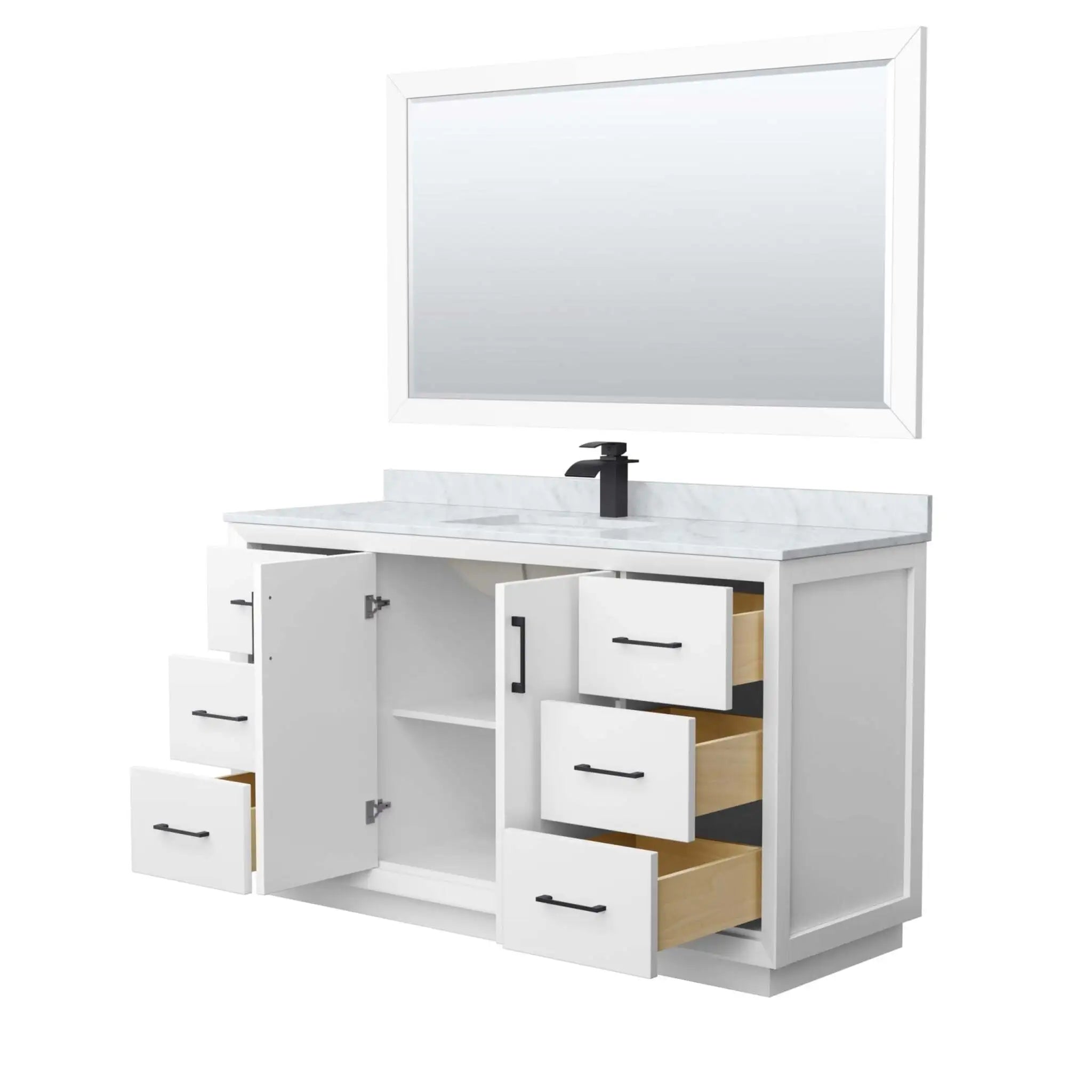 60" Strada Single Bathroom Vanity in White with Matte Black Trim & 58" Mirror by Wyndham