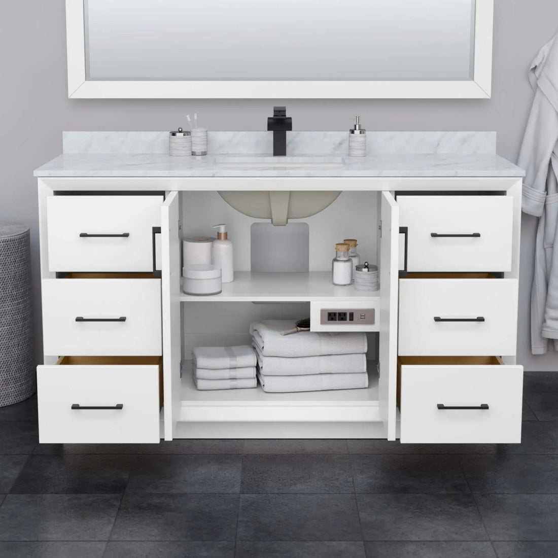 60" Strada Single Bathroom Vanity in White with Matte Black Trim by Wyndham
