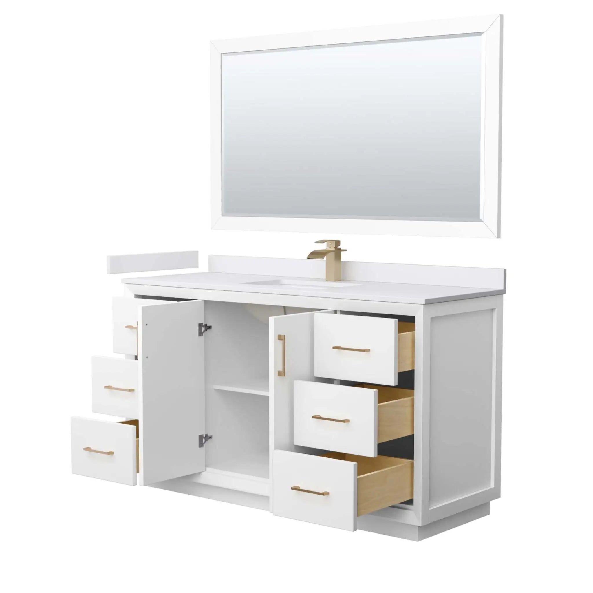 60" Strada Single Bathroom Vanity in White with Satin Bronze Trim & 58" Mirror by Wyndham