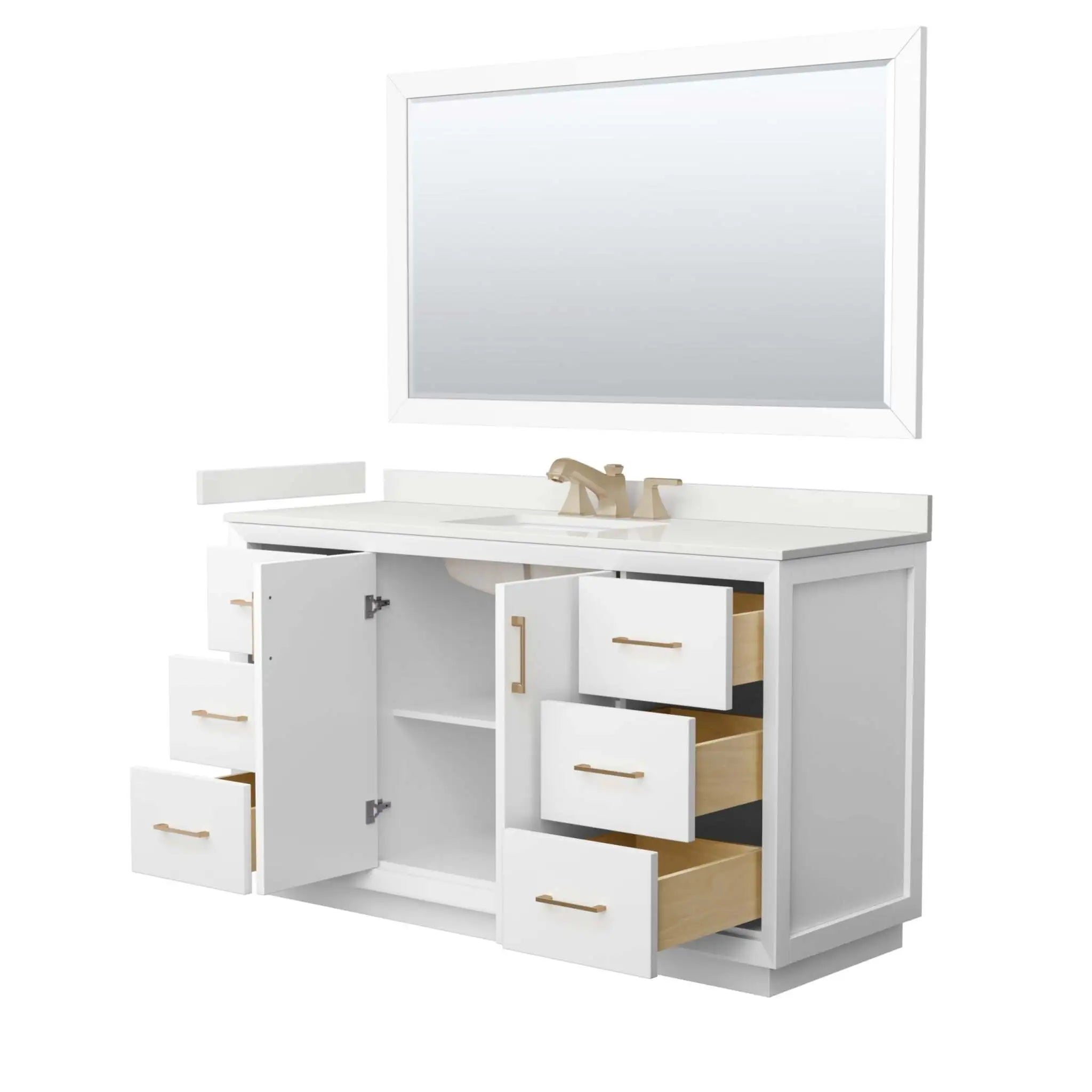 60" Strada Single Bathroom Vanity in White with Satin Bronze Trim & 58" Mirror by Wyndham