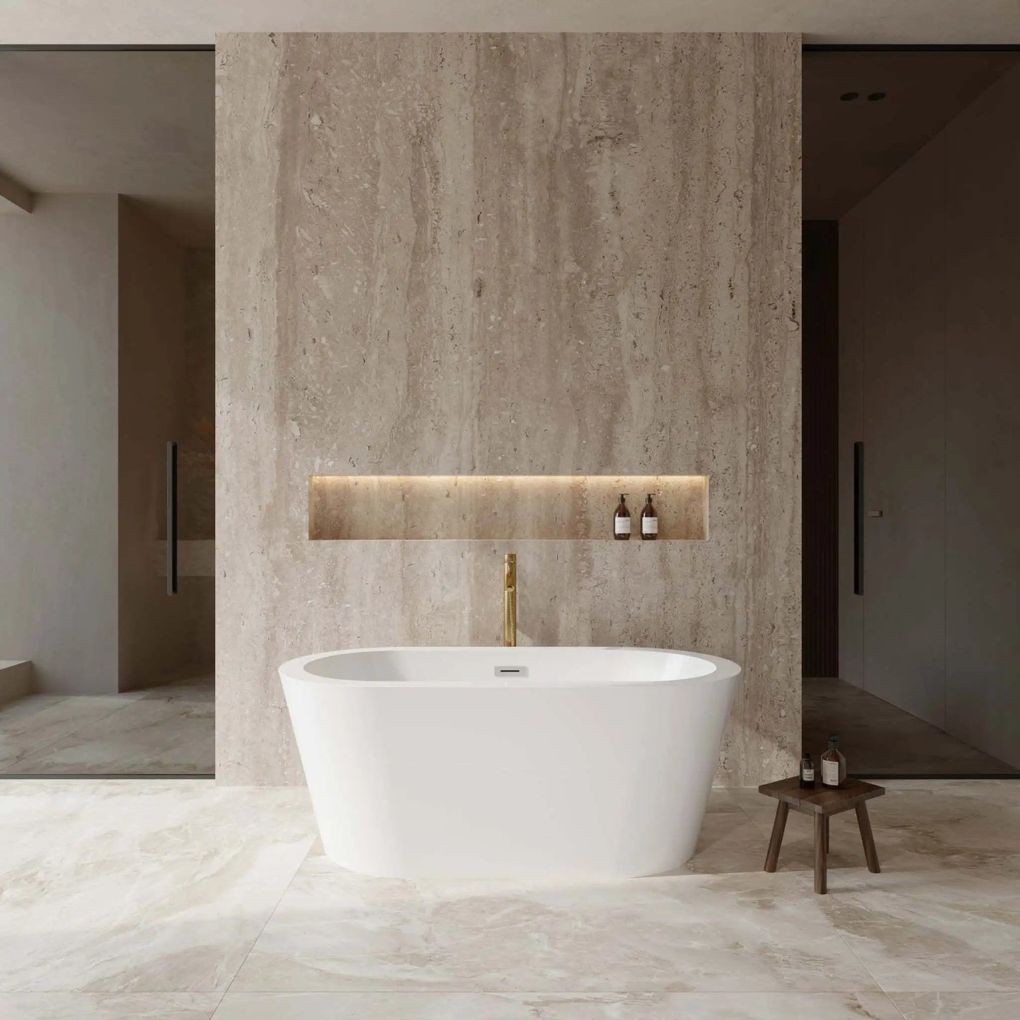 60" White Freestanding Bathtub with Brushed Gold Faucet - Mermaid by Wyndham (WCOBT100360PCATPGD) image 1