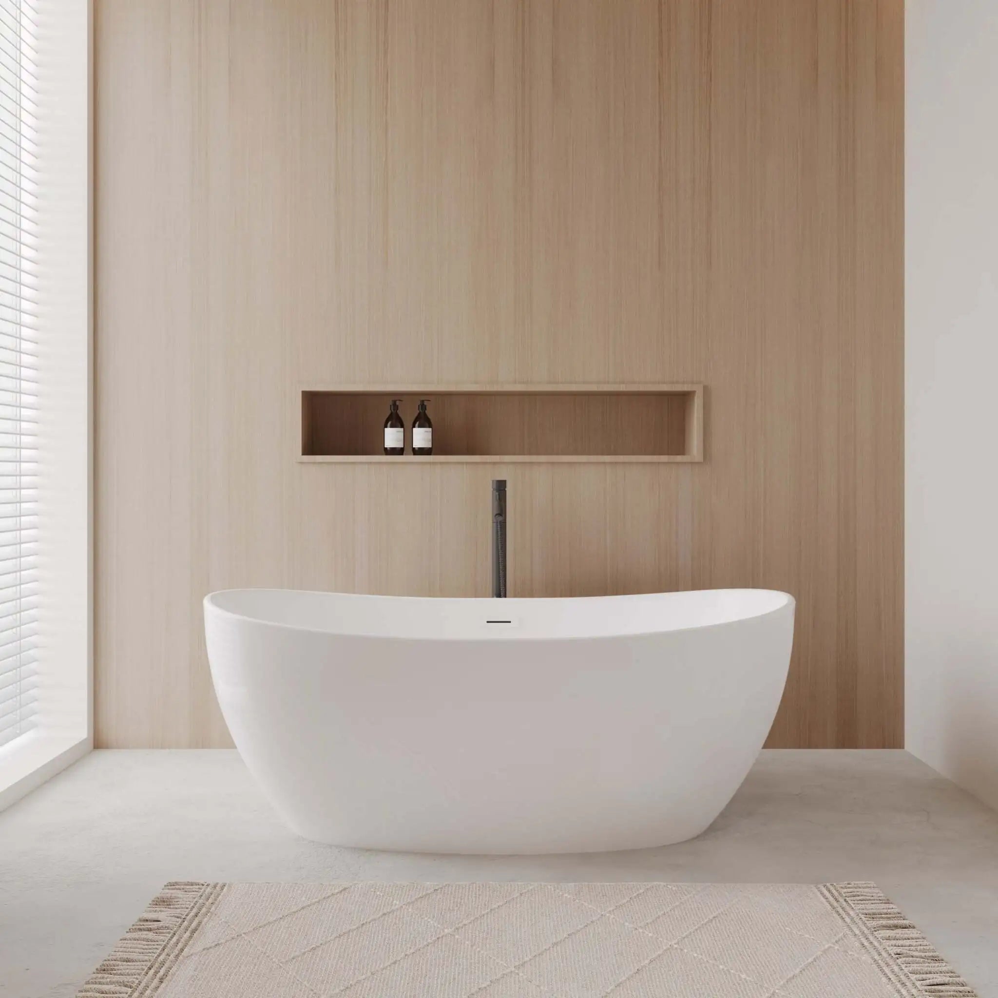 60" White Freestanding Bathtub with Matte Black Faucet - Rebecca by Wyndham (WCOBT101460SWATPBK) image 1
