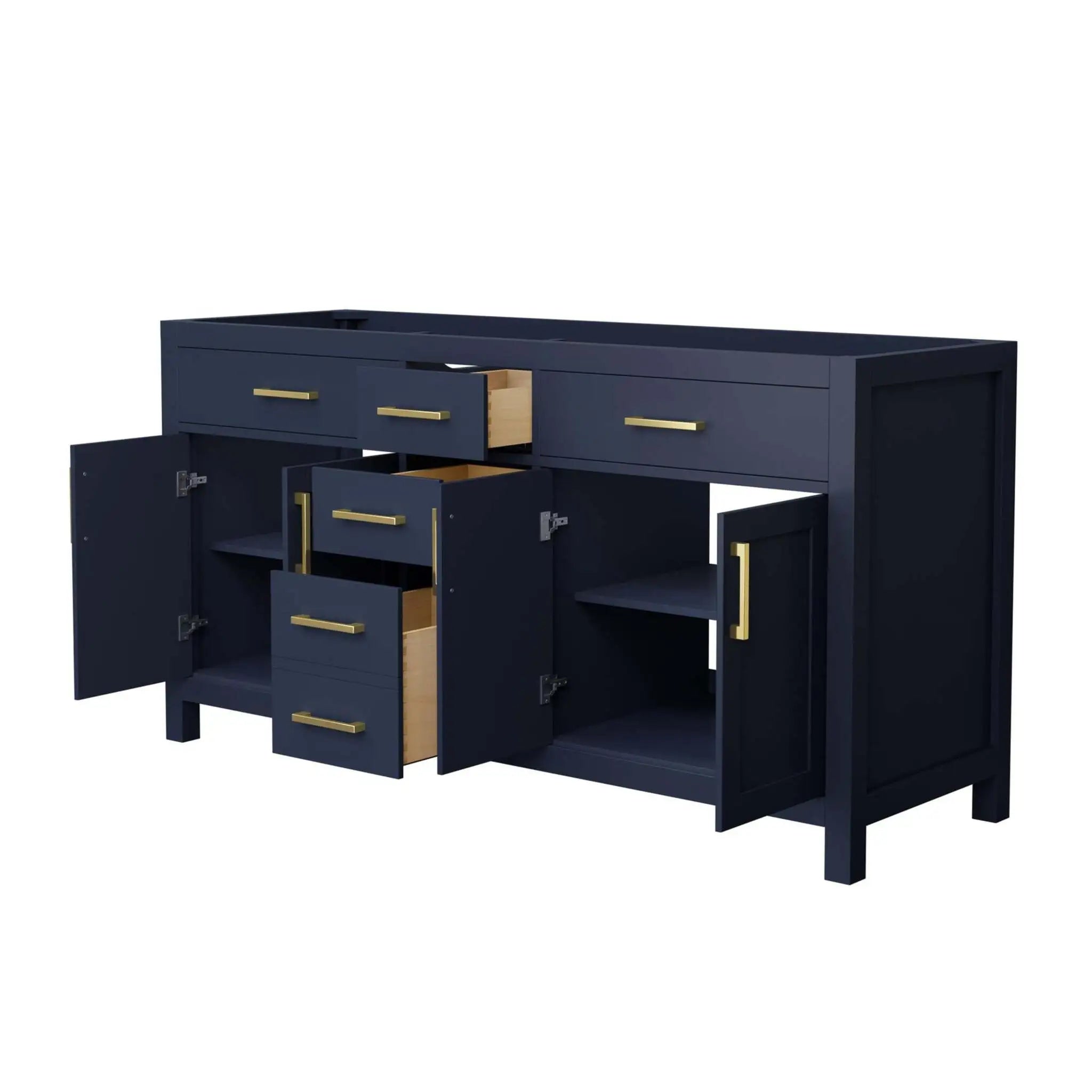 66" Beckett Double Bathroom Vanity in Dark Blue with Brushed Gold Trim by Wyndham