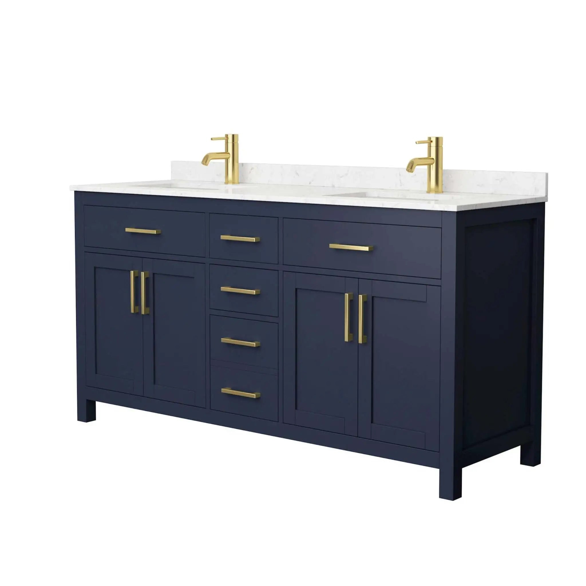 66" Beckett Double Bathroom Vanity in Dark Blue with Brushed Gold Trim by Wyndham
