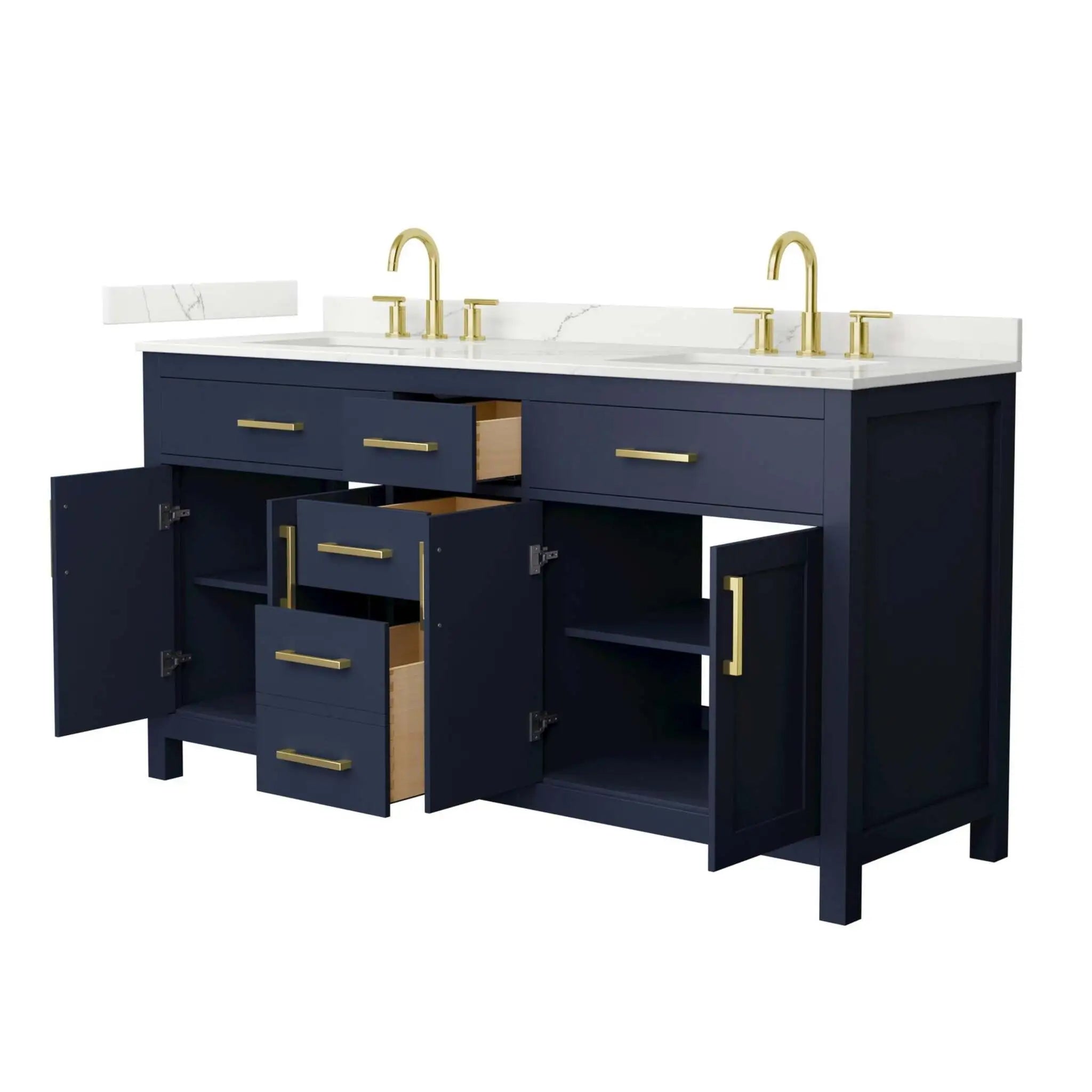 66" Beckett Double Bathroom Vanity in Dark Blue with Brushed Gold Trim by Wyndham