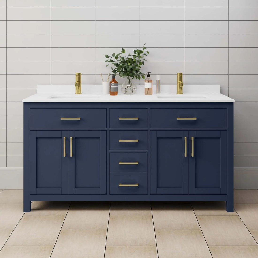 66" Beckett Double Bathroom Vanity in Dark Blue with Brushed Gold Trim by Wyndham