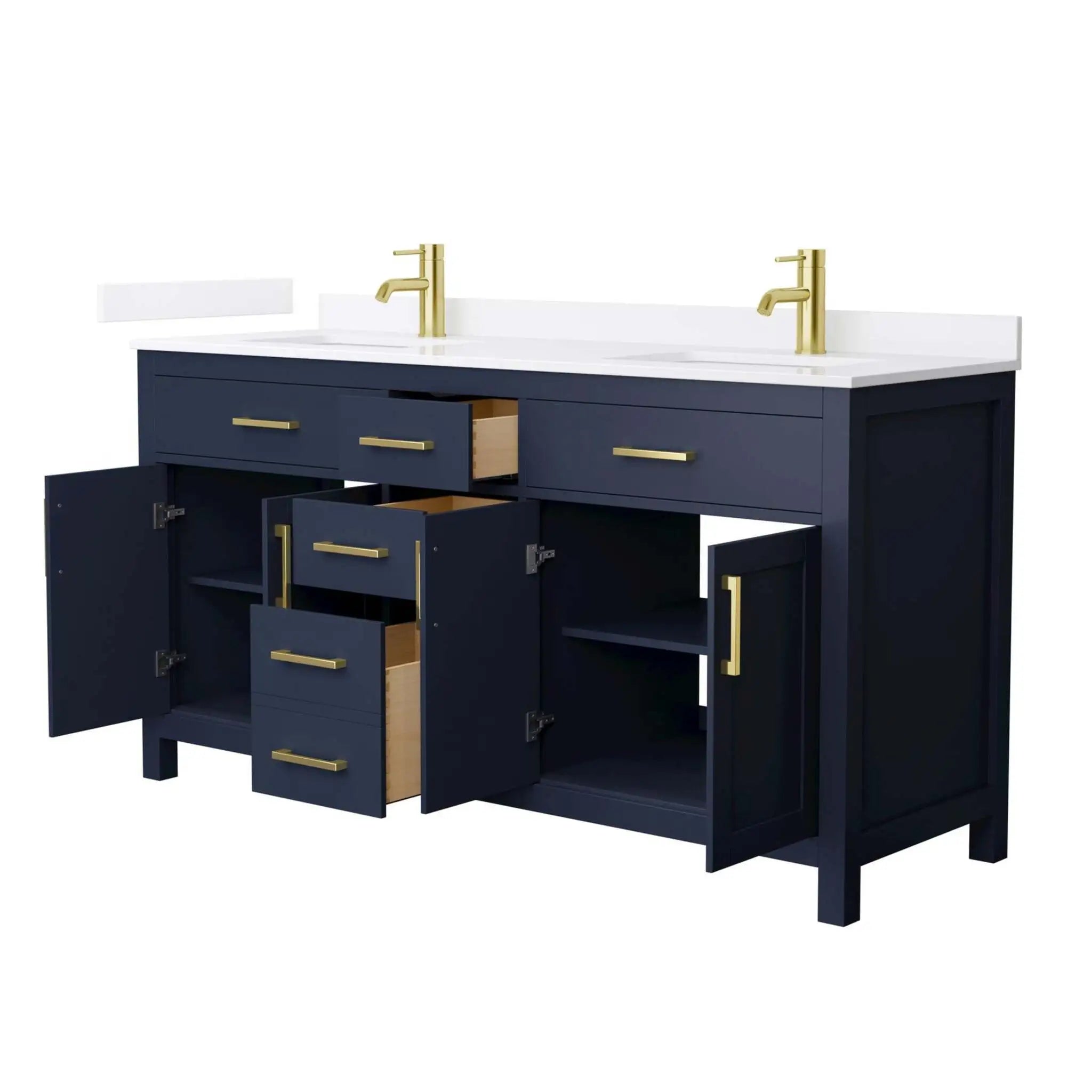 66" Beckett Double Bathroom Vanity in Dark Blue with Brushed Gold Trim by Wyndham