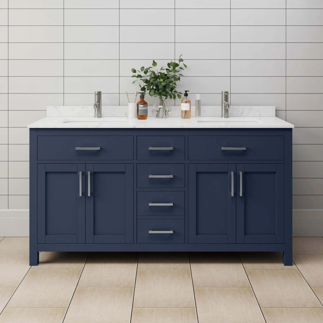 66" Beckett Double Bathroom Vanity in Dark Blue with Brushed Nickel Trim by Wyndham