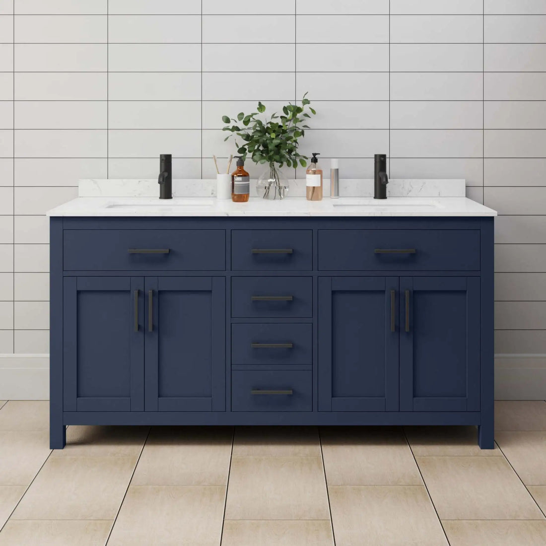 66" Beckett Double Bathroom Vanity in Dark Blue with Matte Black Trim by Wyndham