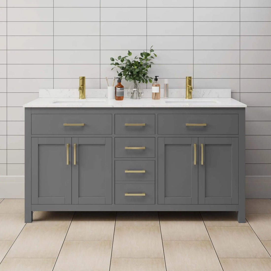 66" Beckett Double Bathroom Vanity in Dark Gray with Brushed Gold Trim by Wyndham