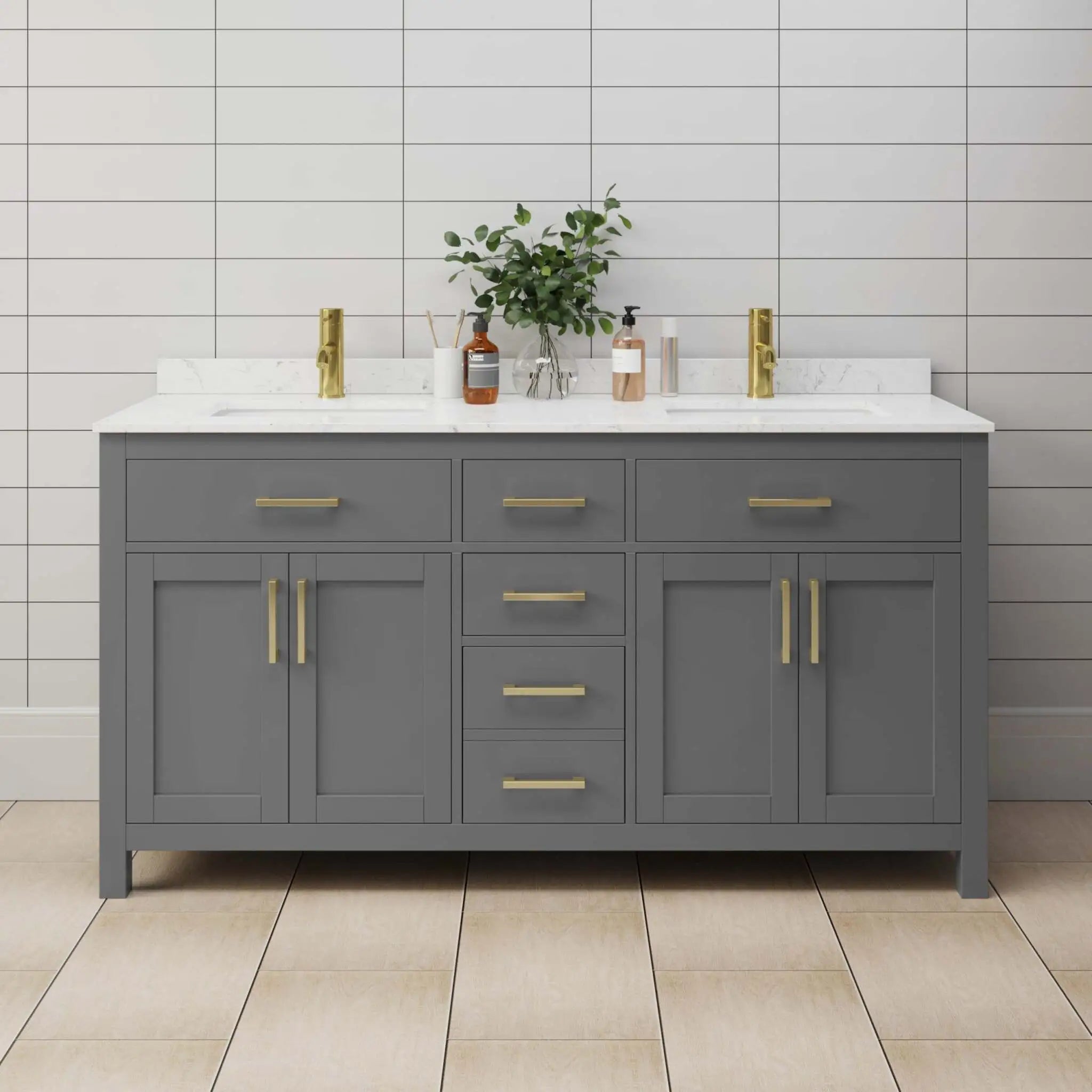 66" Beckett Double Bathroom Vanity in Dark Gray with Brushed Gold Trim by Wyndham