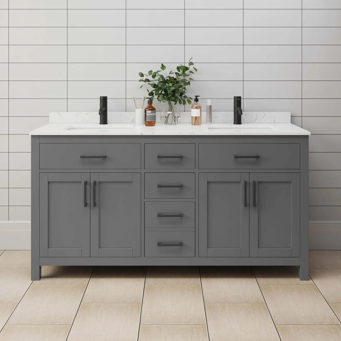 66" Beckett Double Bathroom Vanity in Dark Gray with Matte Black Trim by Wyndham