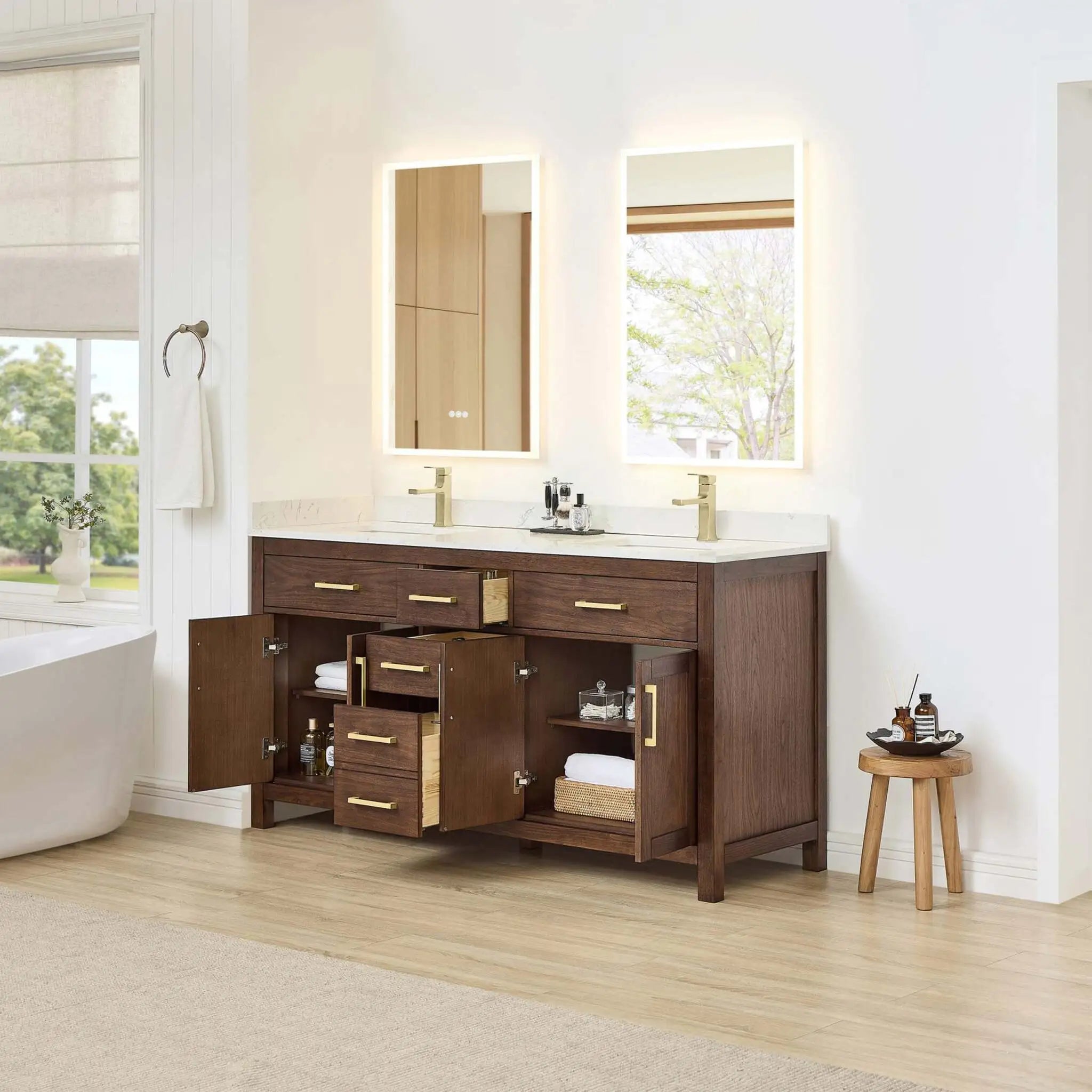 66" Beckett Double Bathroom Vanity in Dark Walnut with Brushed Gold Trim by Wyndham