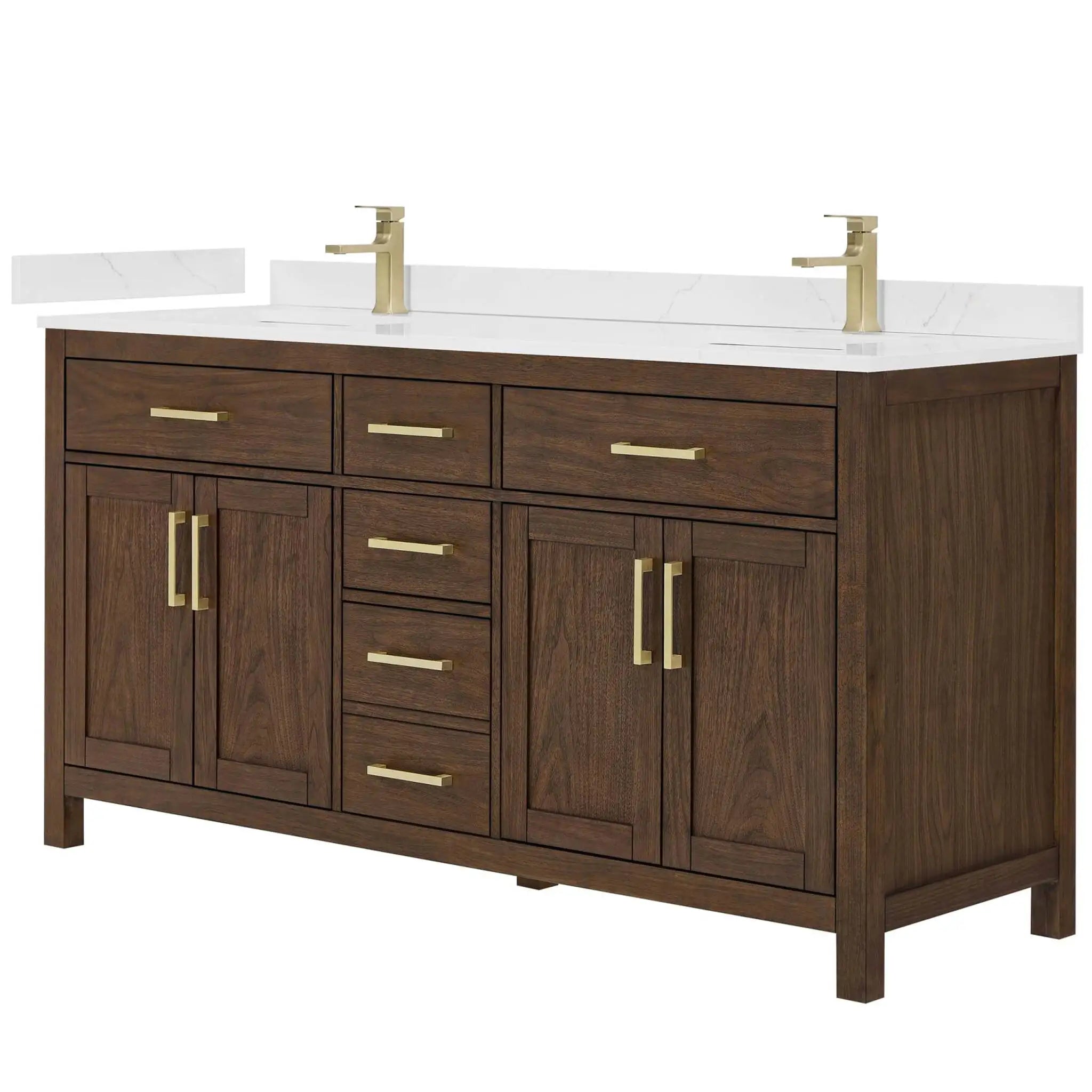 66" Beckett Double Bathroom Vanity in Dark Walnut with Brushed Gold Trim by Wyndham
