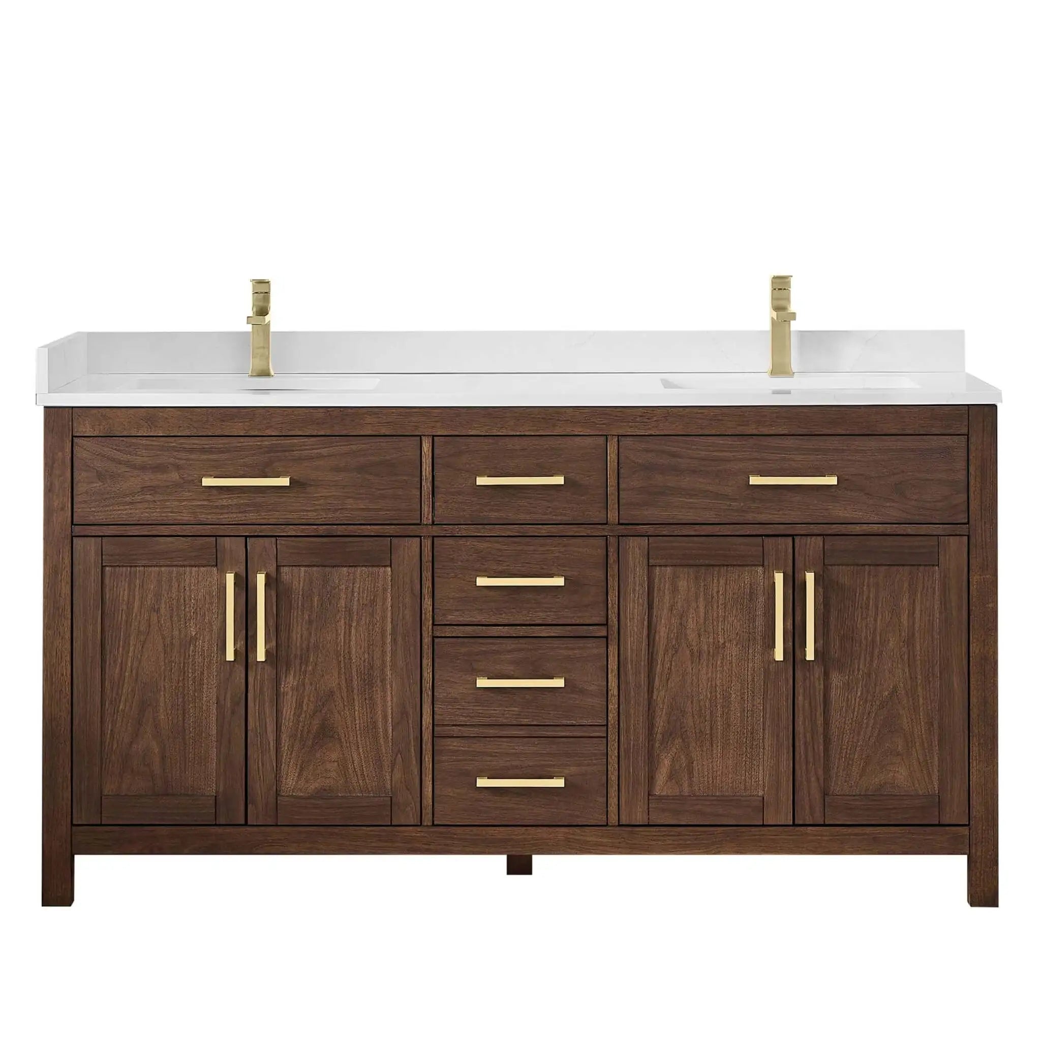 66" Beckett Double Bathroom Vanity in Dark Walnut with Brushed Gold Trim by Wyndham