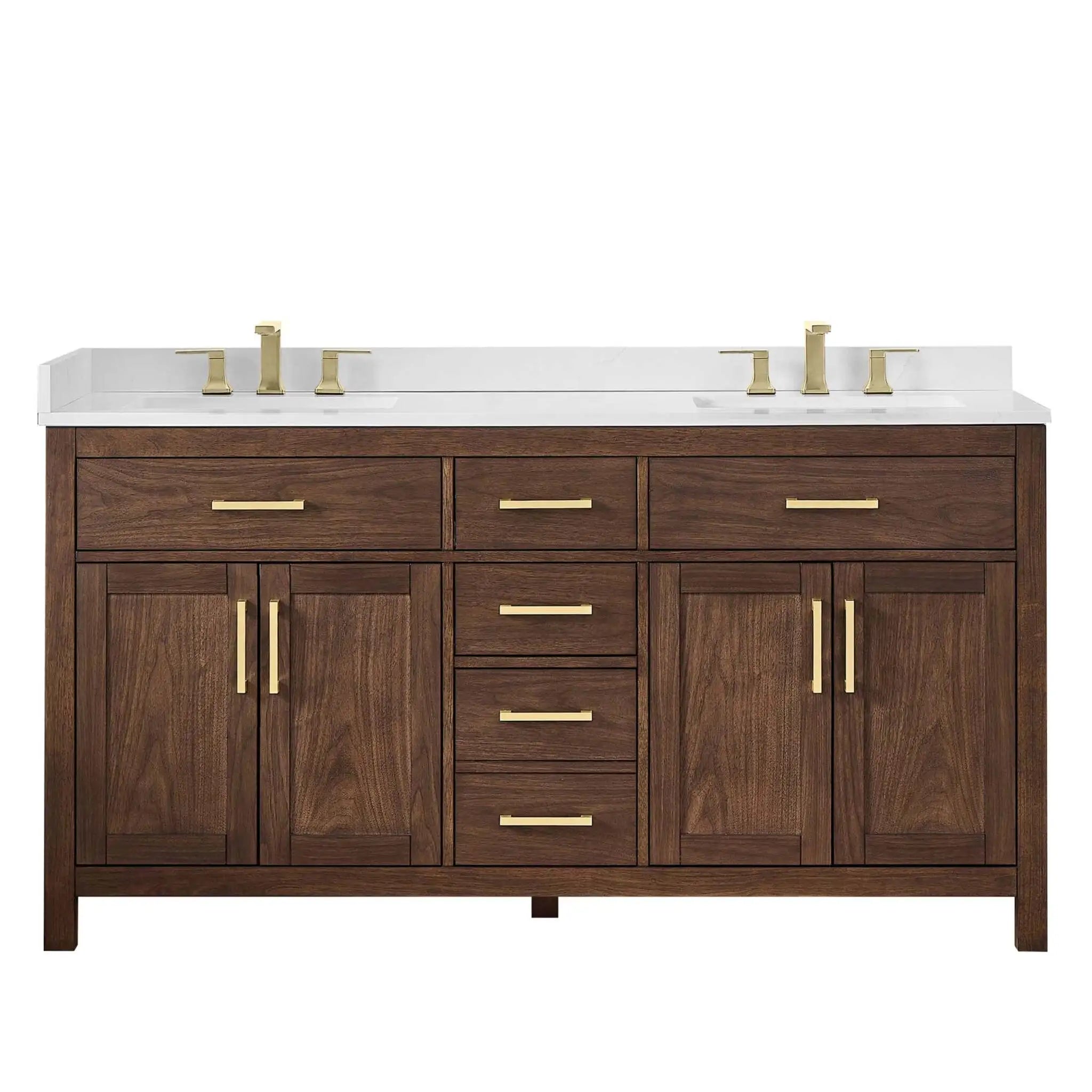 66" Beckett Double Bathroom Vanity in Dark Walnut with Brushed Gold Trim by Wyndham