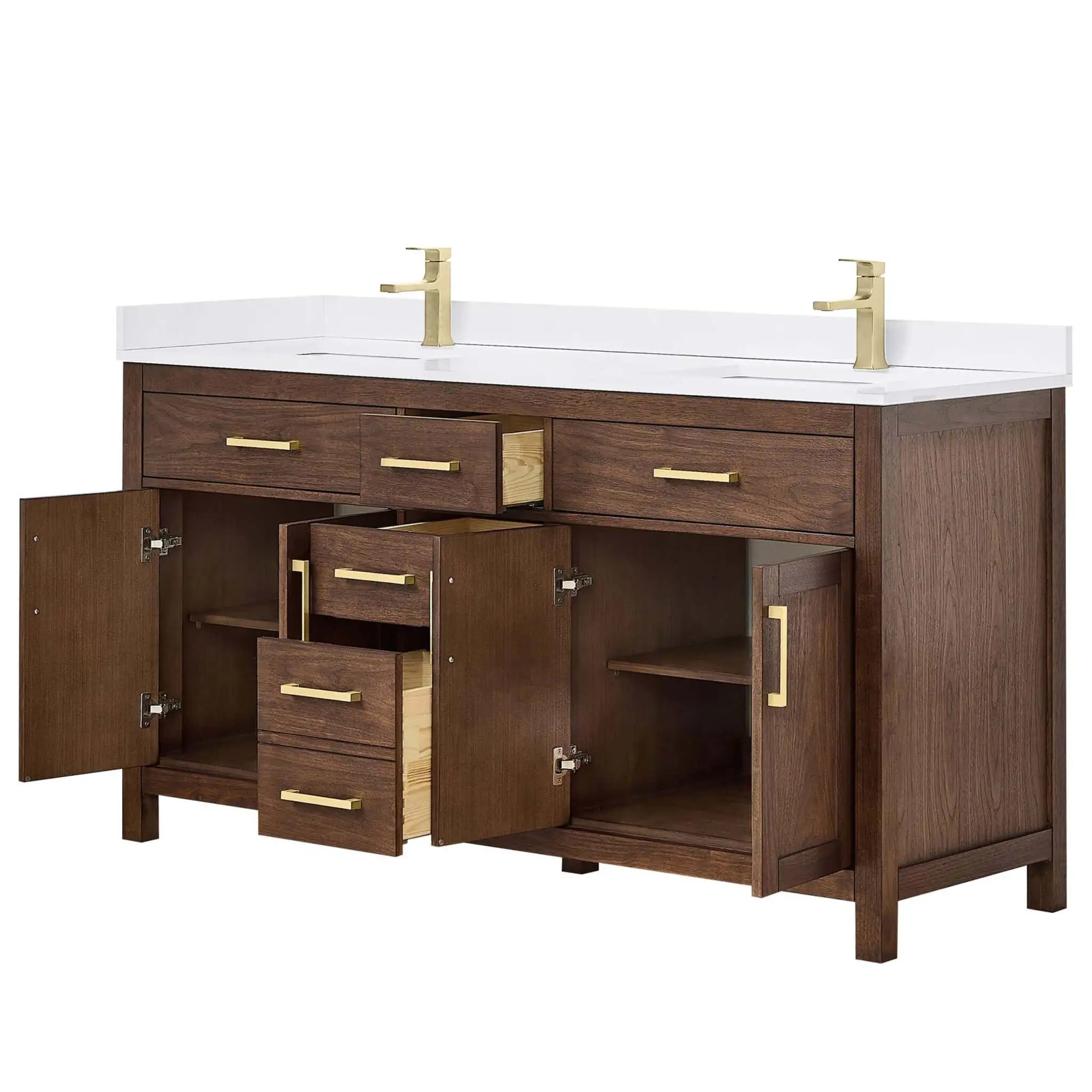 66" Beckett Double Bathroom Vanity in Dark Walnut with Brushed Gold Trim by Wyndham