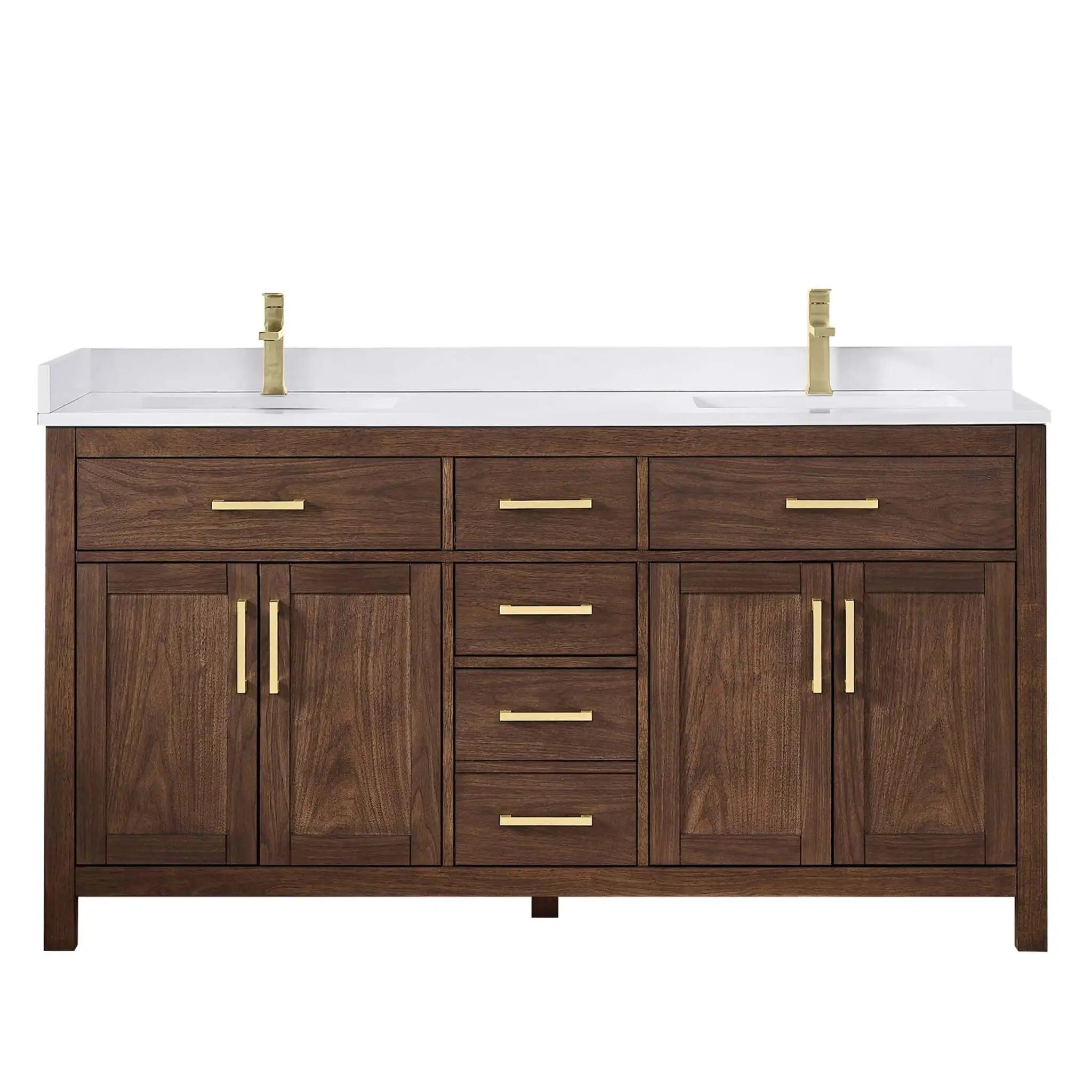 66" Beckett Double Bathroom Vanity in Dark Walnut with Brushed Gold Trim by Wyndham