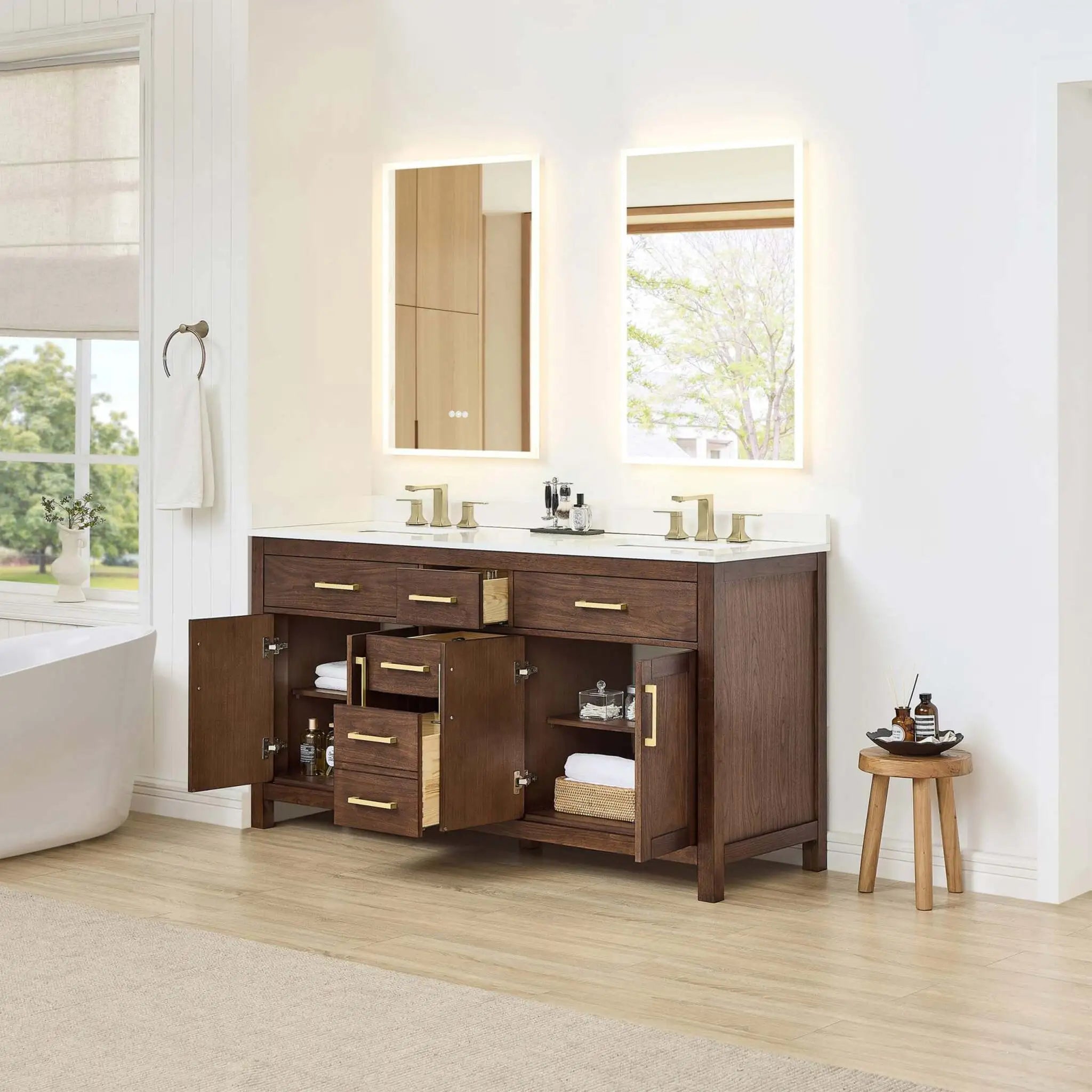 66" Beckett Double Bathroom Vanity in Dark Walnut with Brushed Gold Trim by Wyndham