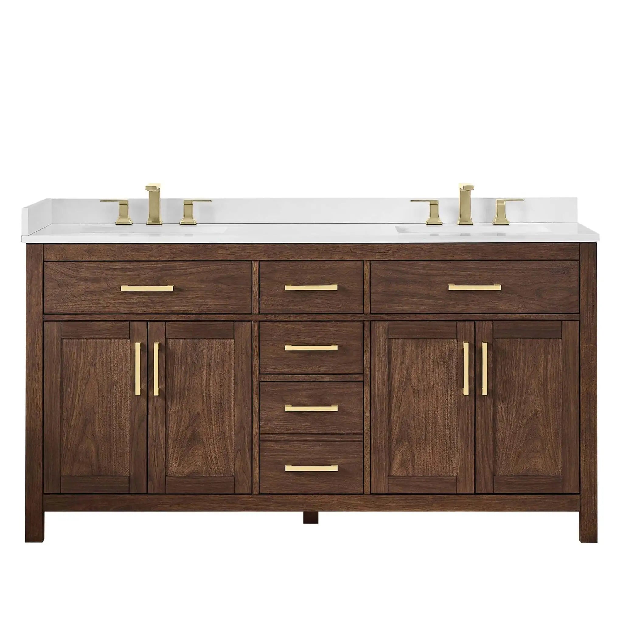 66" Beckett Double Bathroom Vanity in Dark Walnut with Brushed Gold Trim by Wyndham