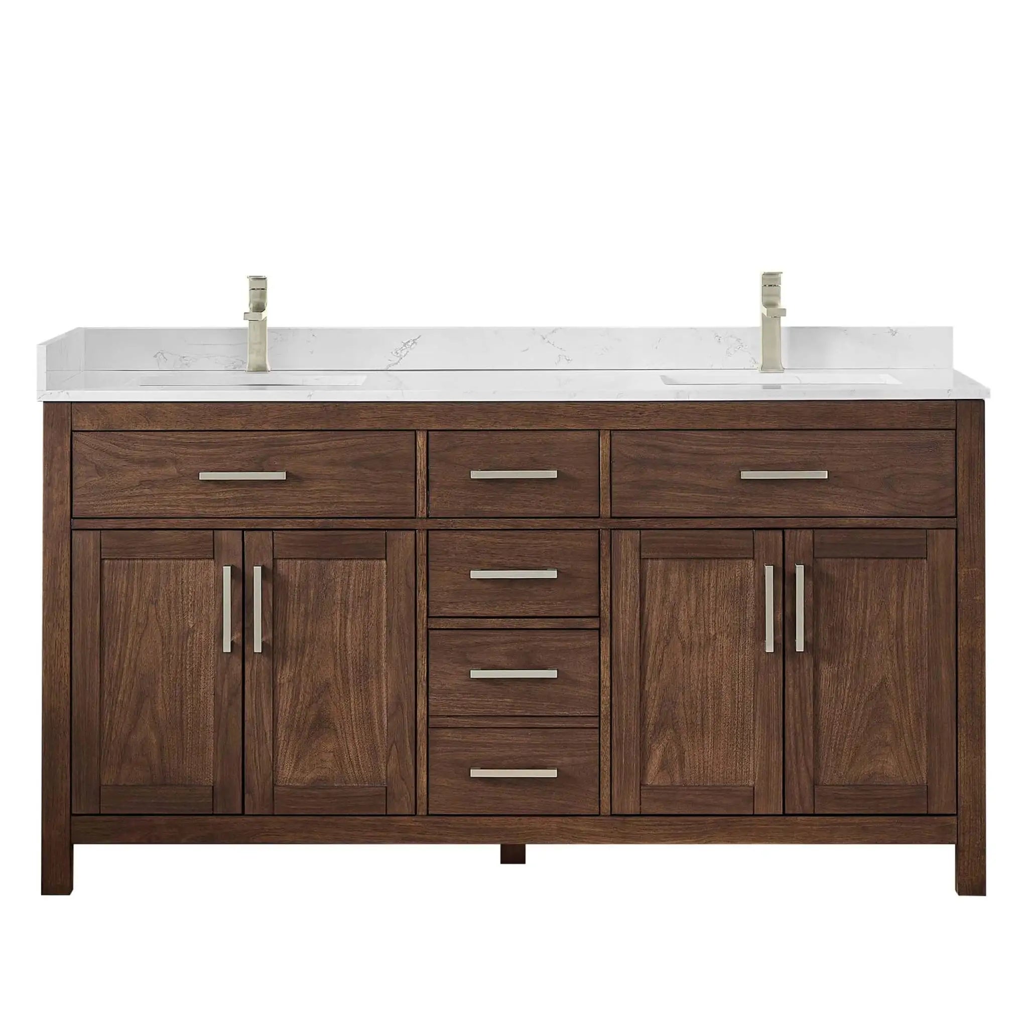 66" Beckett Double Bathroom Vanity in Dark Walnut with Brushed Nickel Trim by Wyndham