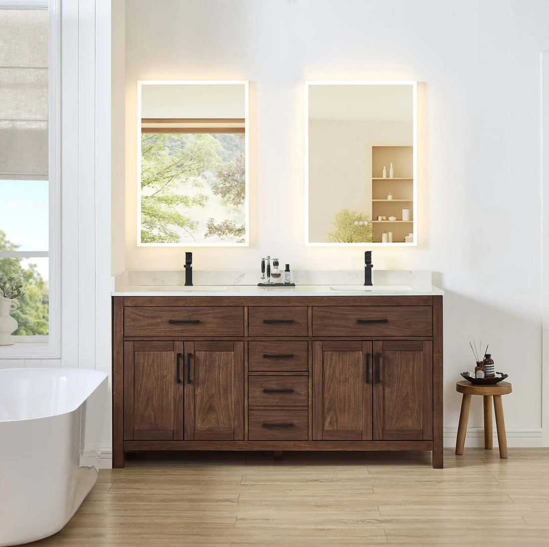 66" Beckett Double Bathroom Vanity in Dark Walnut with Matte Black Trim by Wyndham