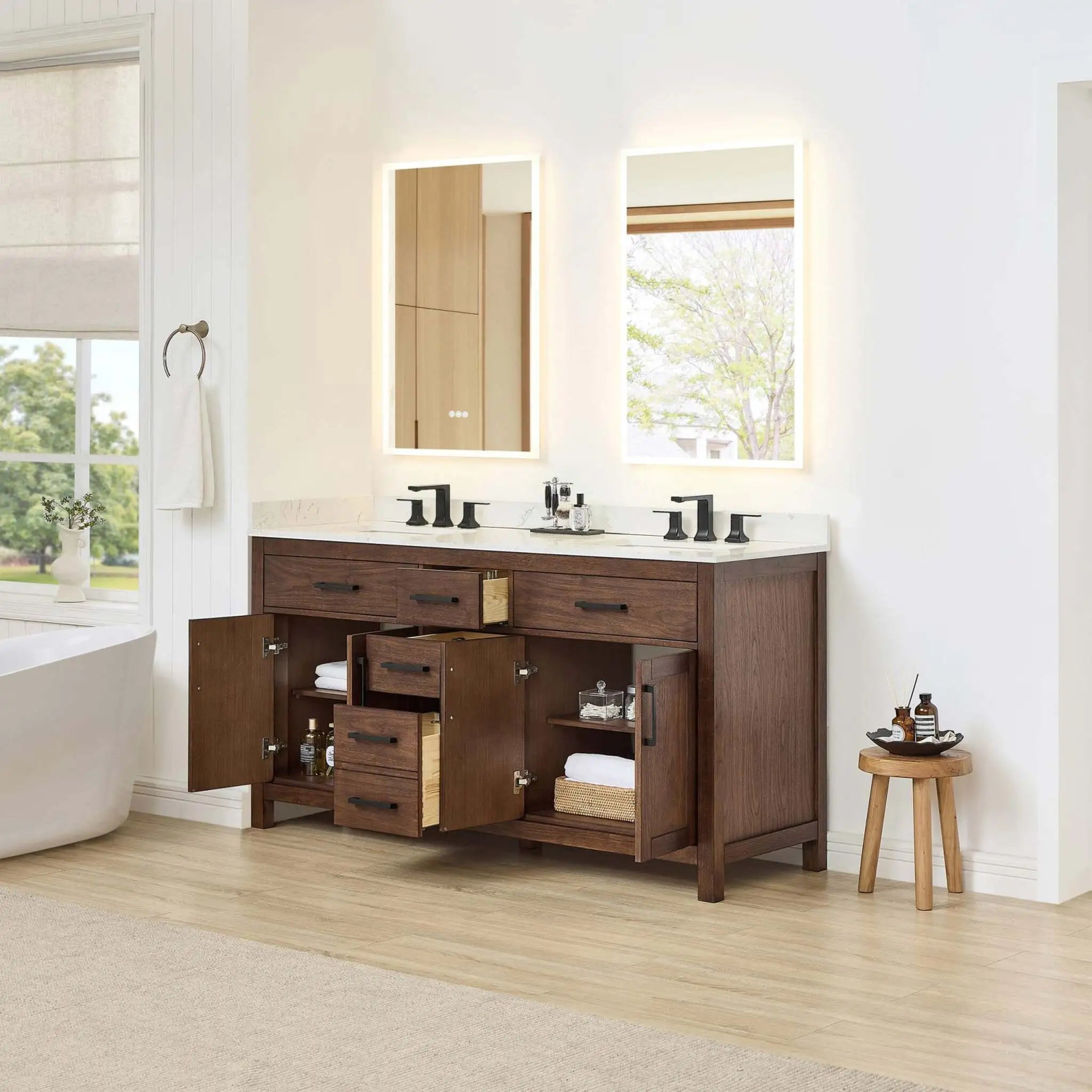 66" Beckett Double Bathroom Vanity in Dark Walnut with Matte Black Trim by Wyndham
