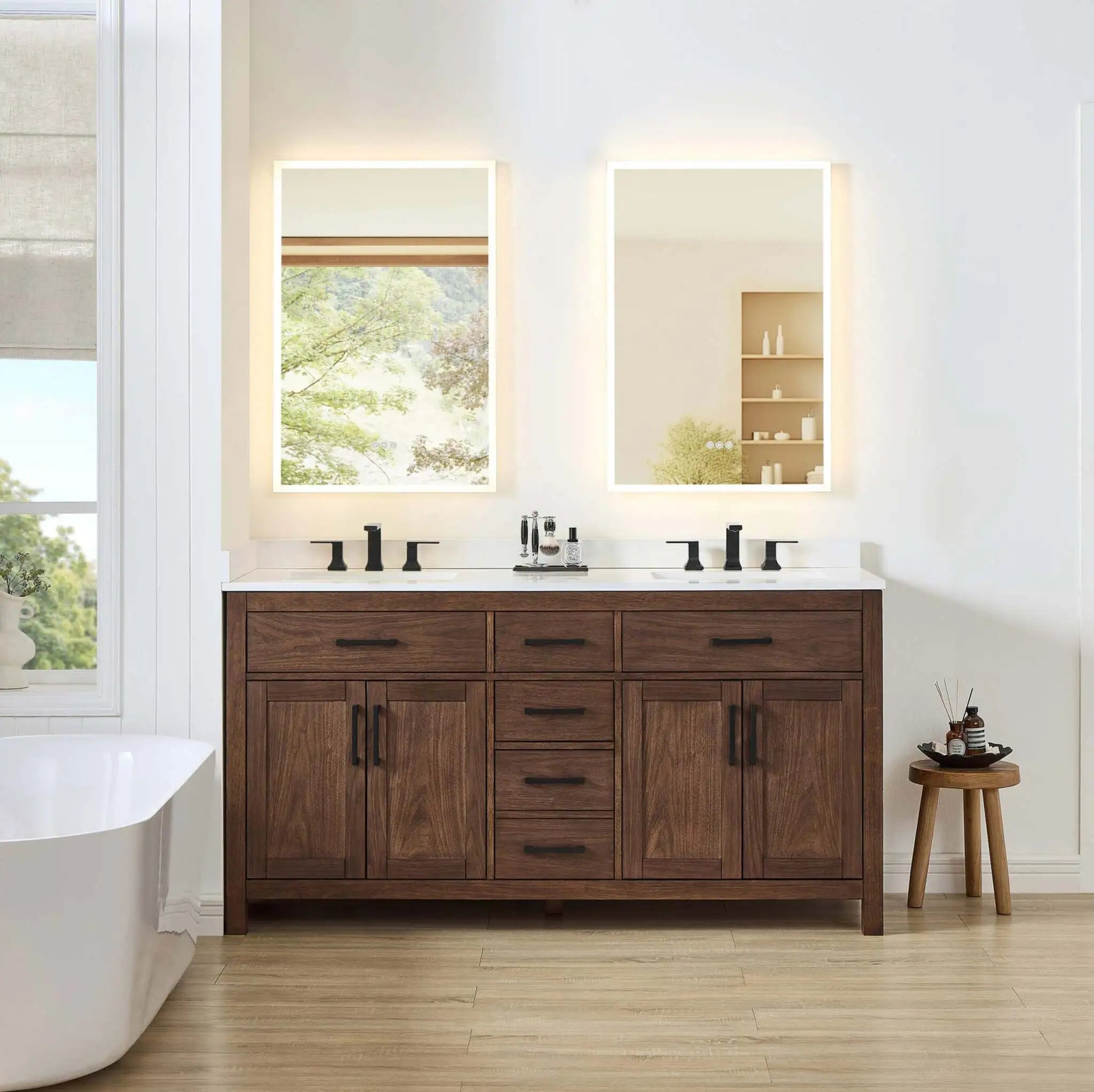 66" Beckett Double Bathroom Vanity in Dark Walnut with Matte Black Trim by Wyndham