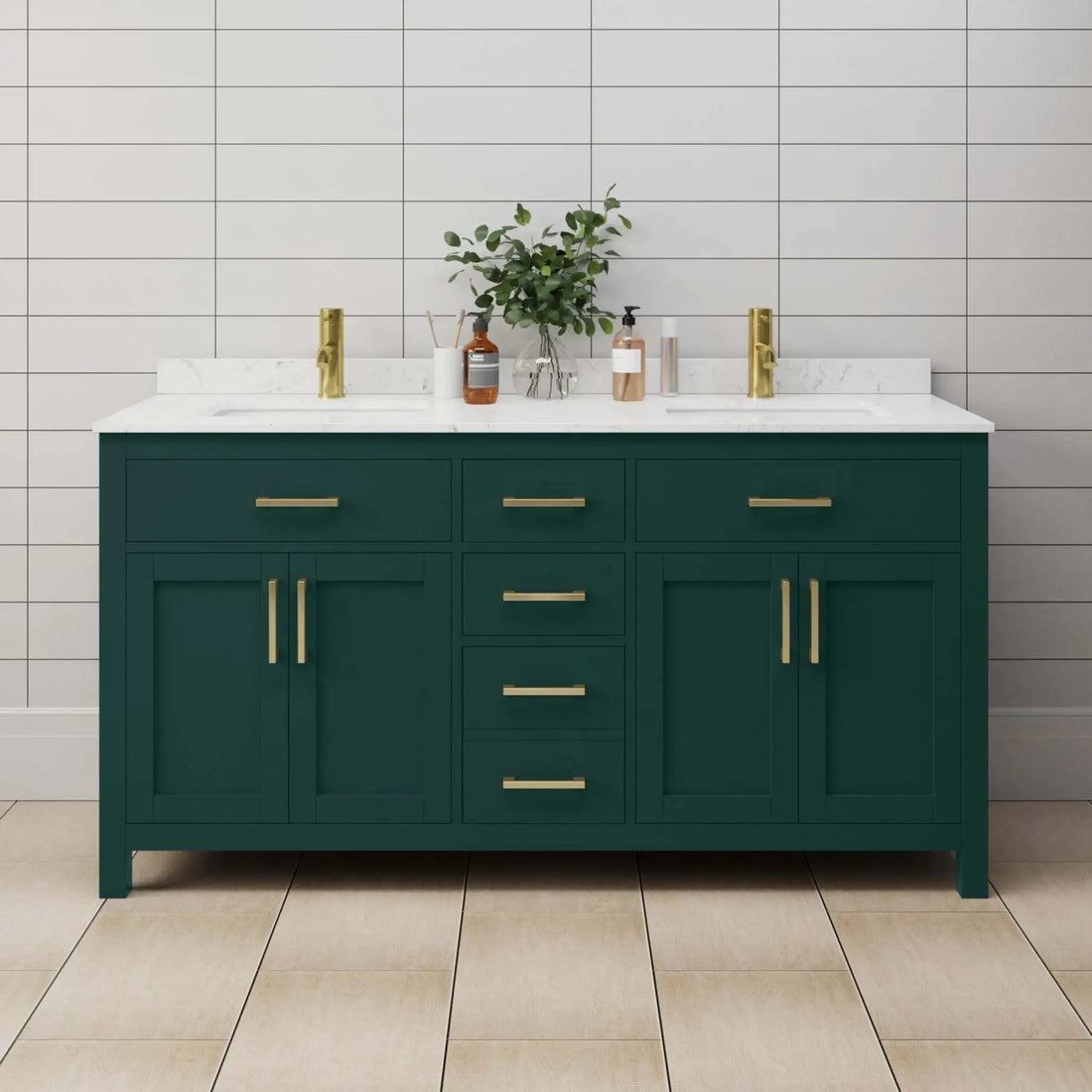 66" Beckett Double Bathroom Vanity in Green with Brushed Gold Trim by Wyndham