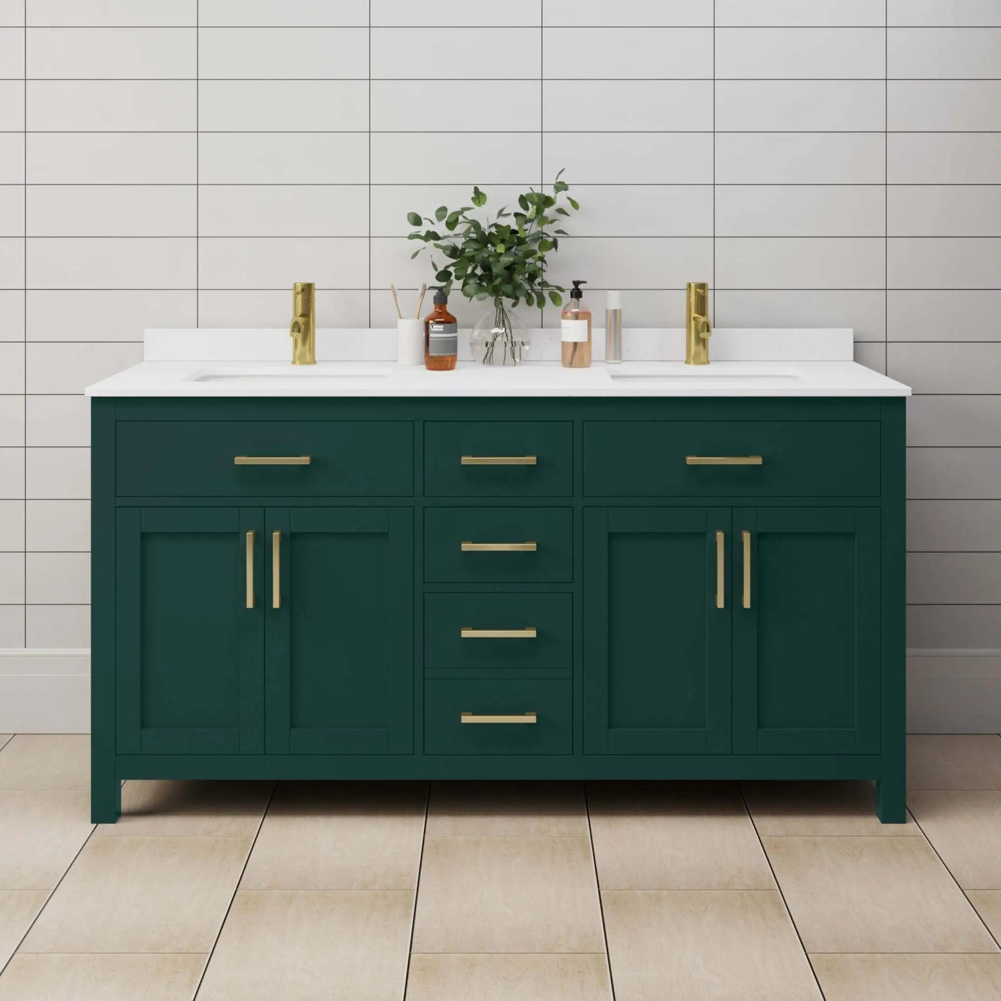 66" Beckett Double Bathroom Vanity in Green with Brushed Gold Trim by Wyndham