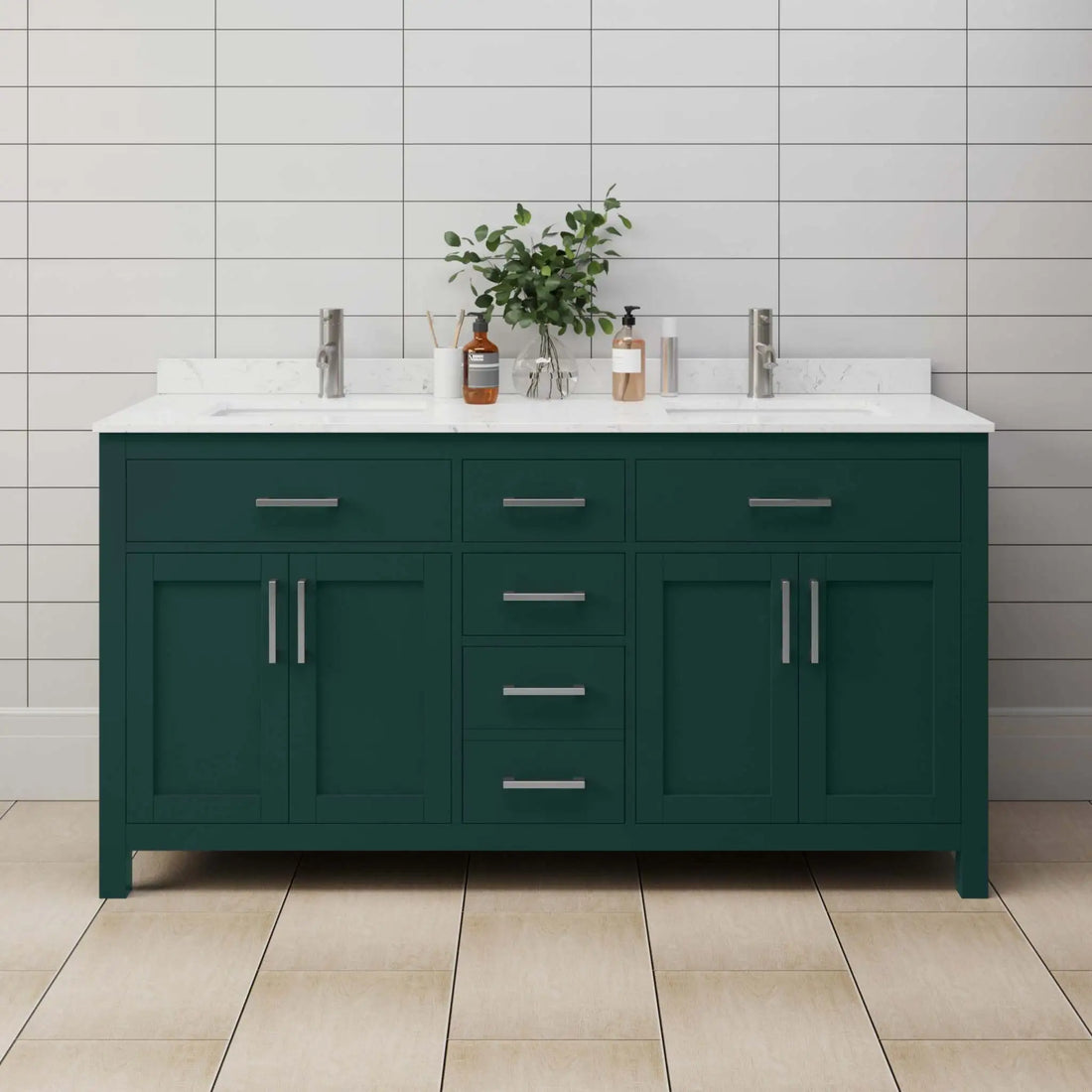 66" Beckett Double Bathroom Vanity in Green with Brushed Nickel Trim by Wyndham