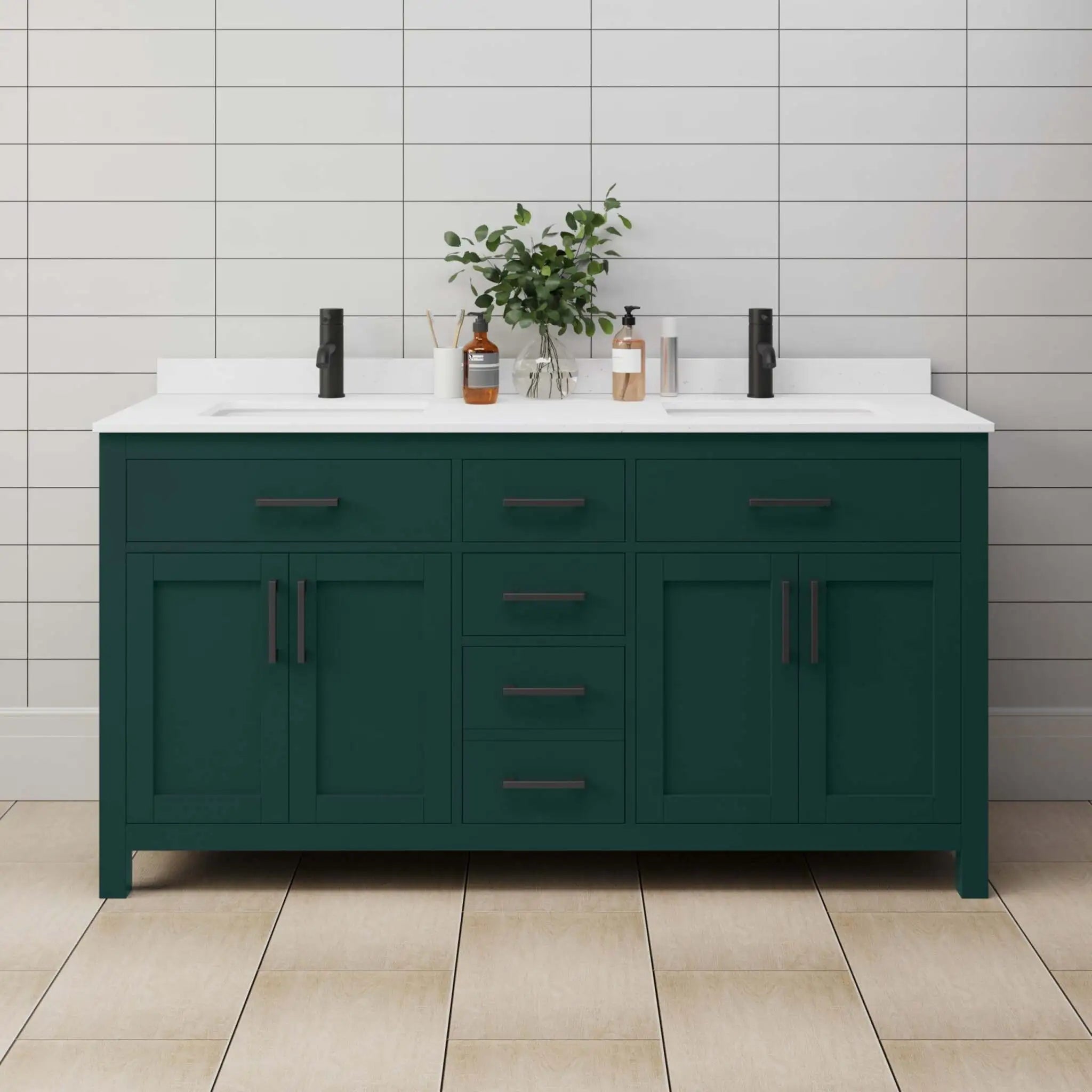 66" Beckett Double Bathroom Vanity in Green with Matte Black Trim by Wyndham