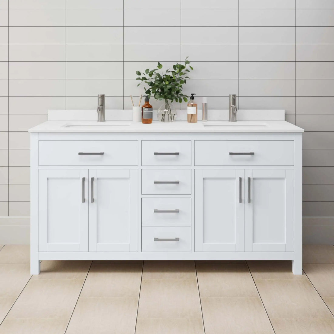 66" Beckett Double Bathroom Vanity in White with Brushed Nickel Trim by Wyndham