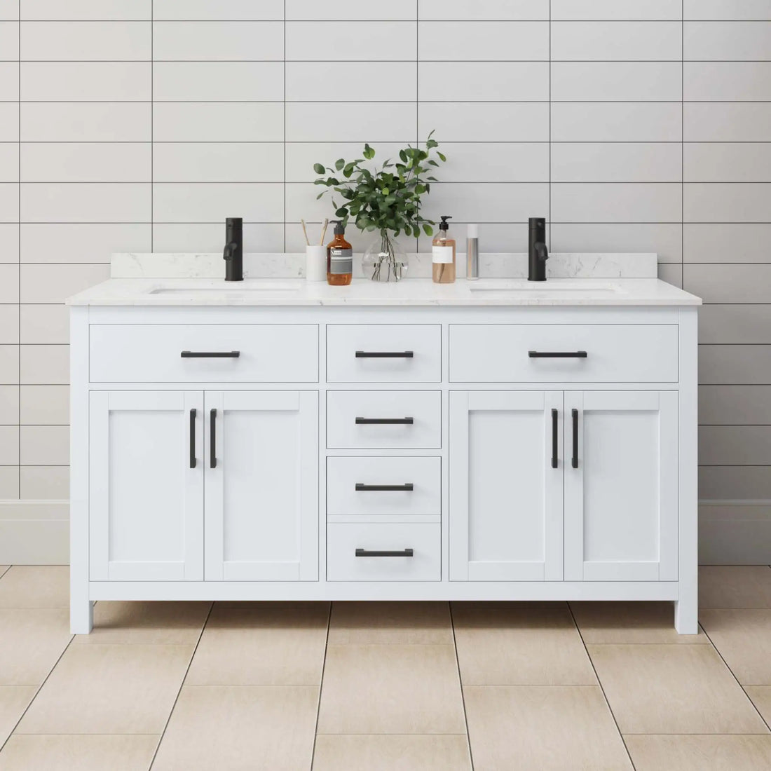 66" Beckett Double Bathroom Vanity in White with Matte Black Trim by Wyndham