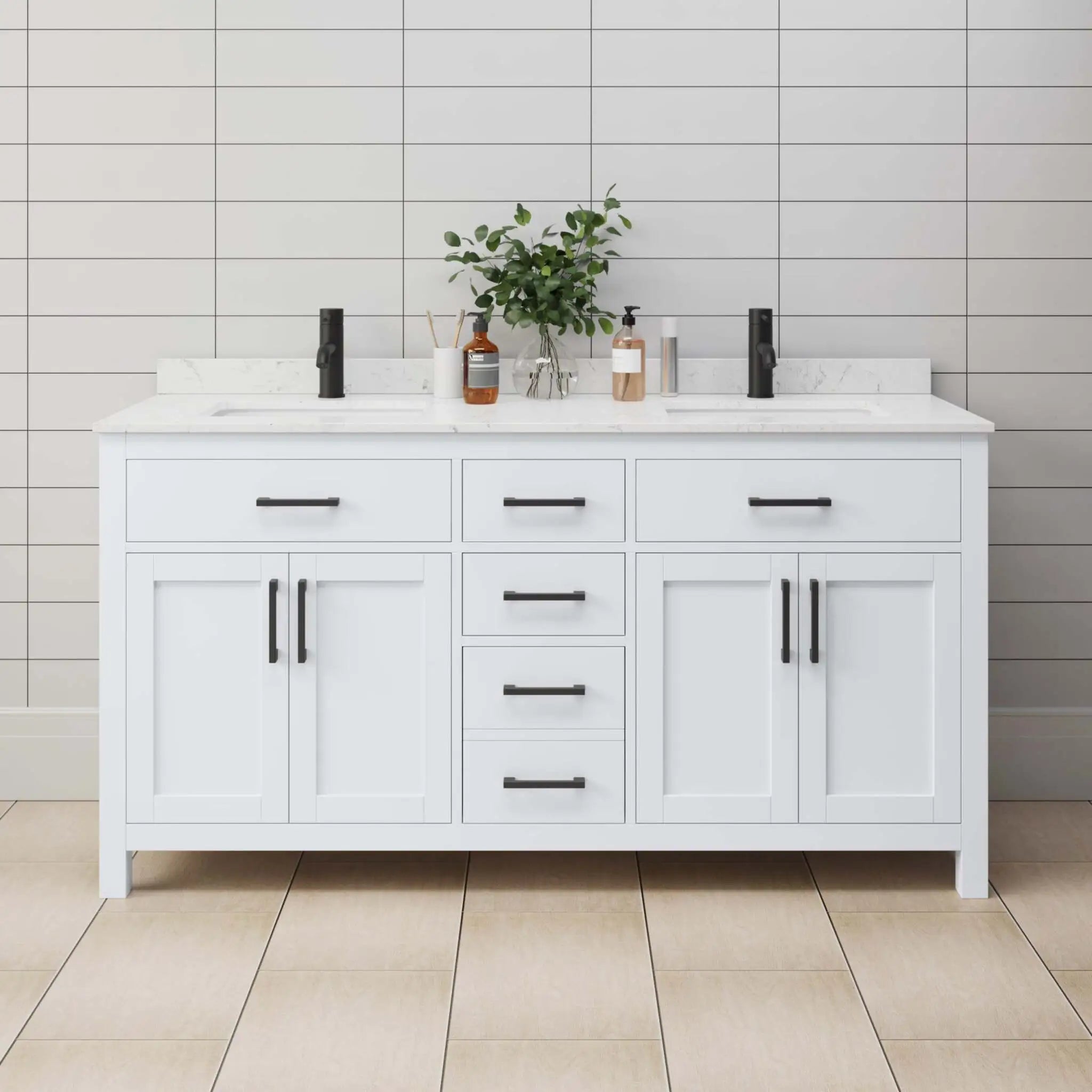 66" Beckett Double Bathroom Vanity in White with Matte Black Trim by Wyndham