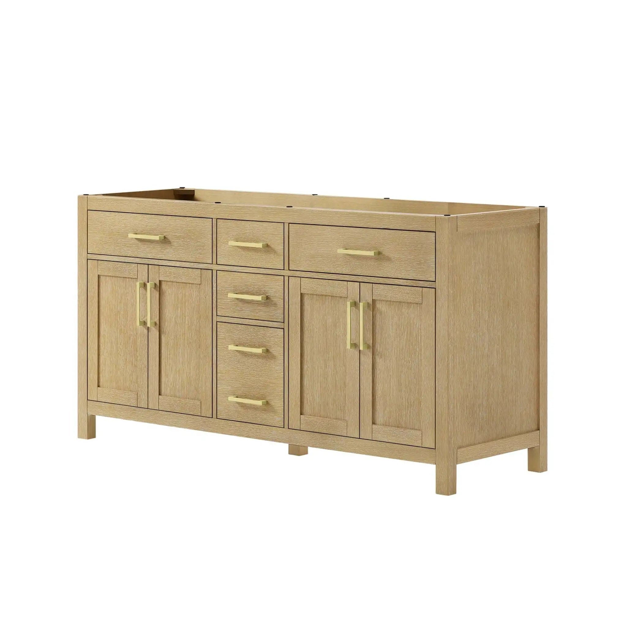 66" Beckett Double Bathroom Vanity in Whitewashed Oak with Brushed Gold Trim by Wyndham