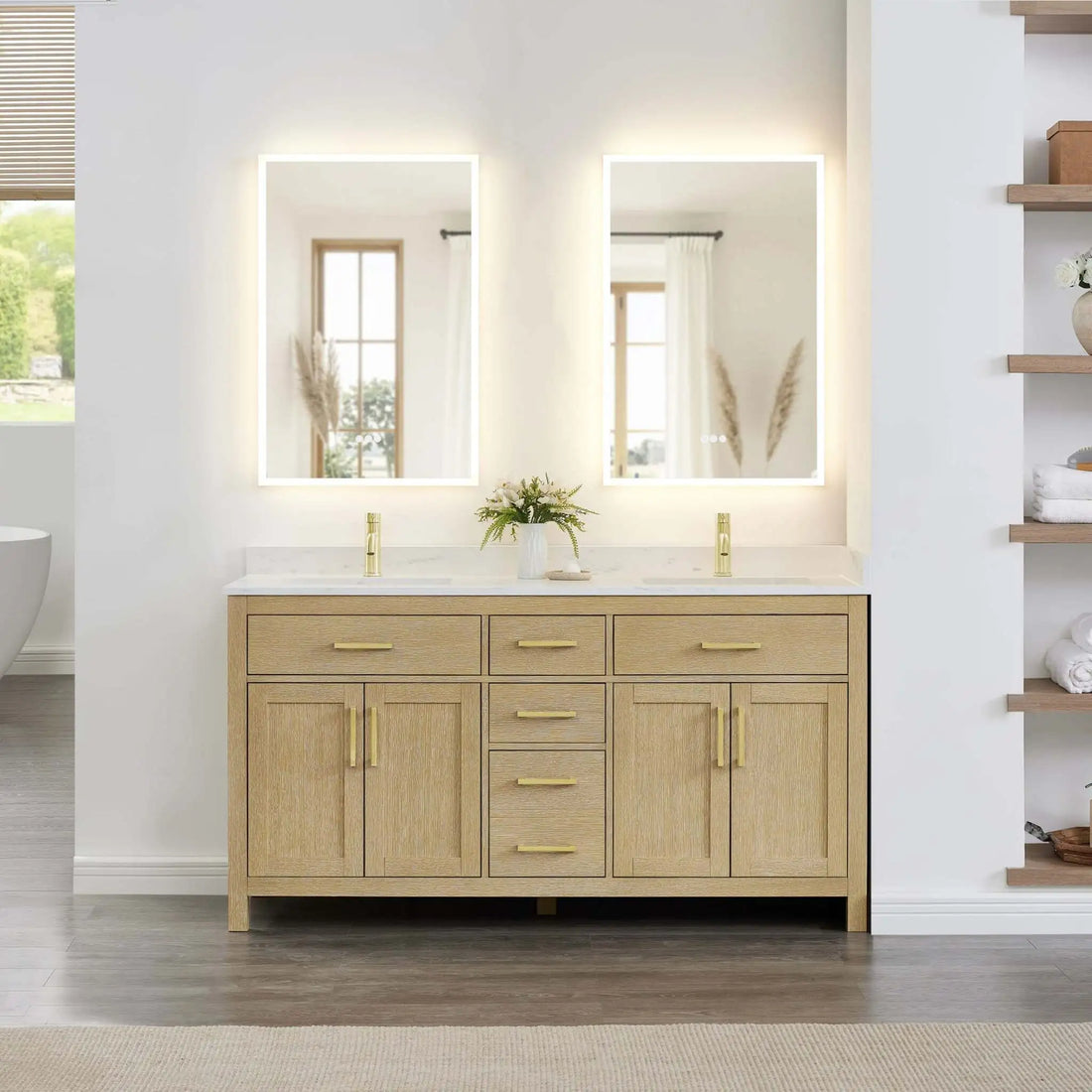 66" Beckett Double Bathroom Vanity in Whitewashed Oak with Brushed Gold Trim by Wyndham
