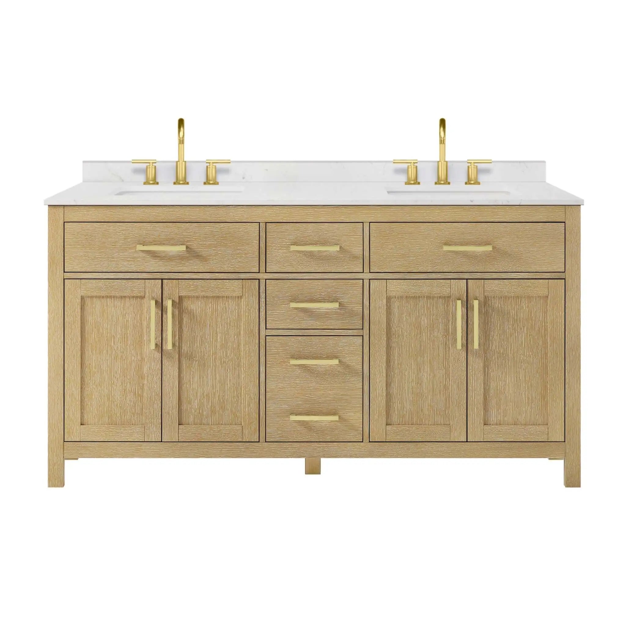 66" Beckett Double Bathroom Vanity in Whitewashed Oak with Brushed Gold Trim by Wyndham