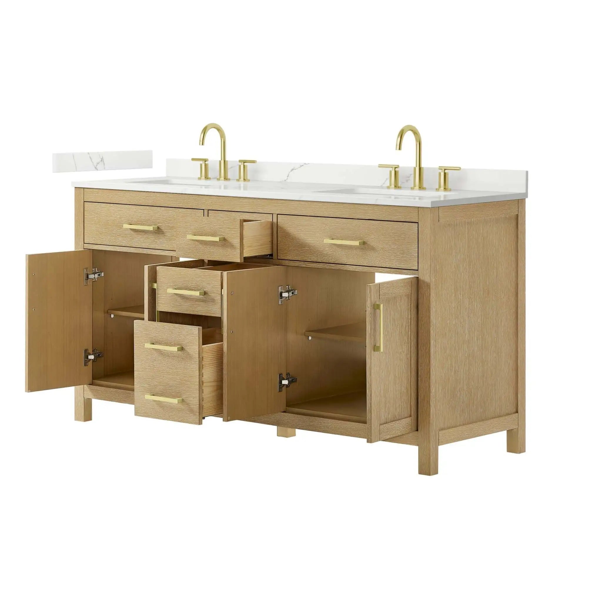 66" Beckett Double Bathroom Vanity in Whitewashed Oak with Brushed Gold Trim by Wyndham